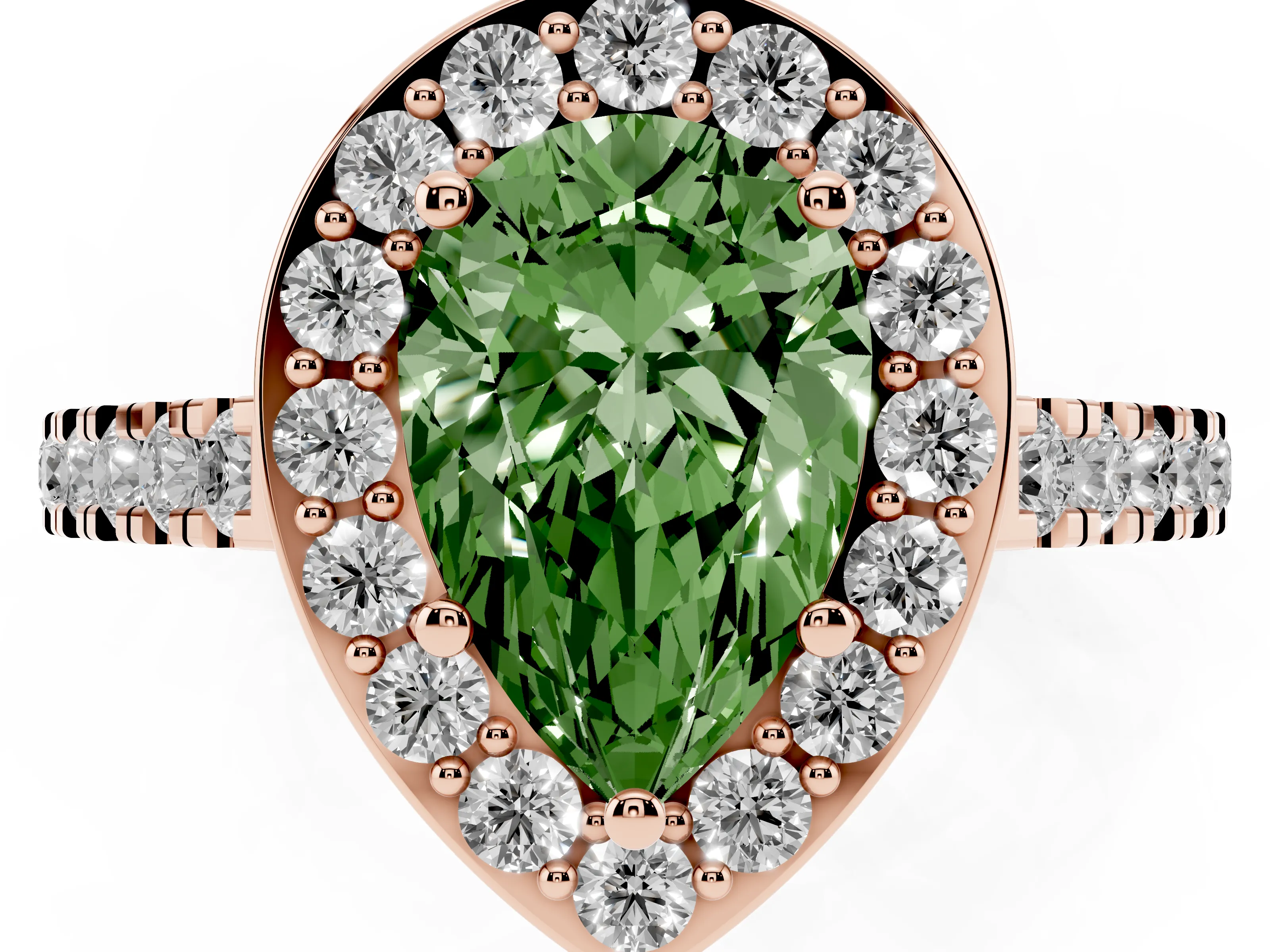 Fancy Green Pear Cut Diamond Halo Ring Set in Rose gold with Round Pavé Split Shank and Prong Setting