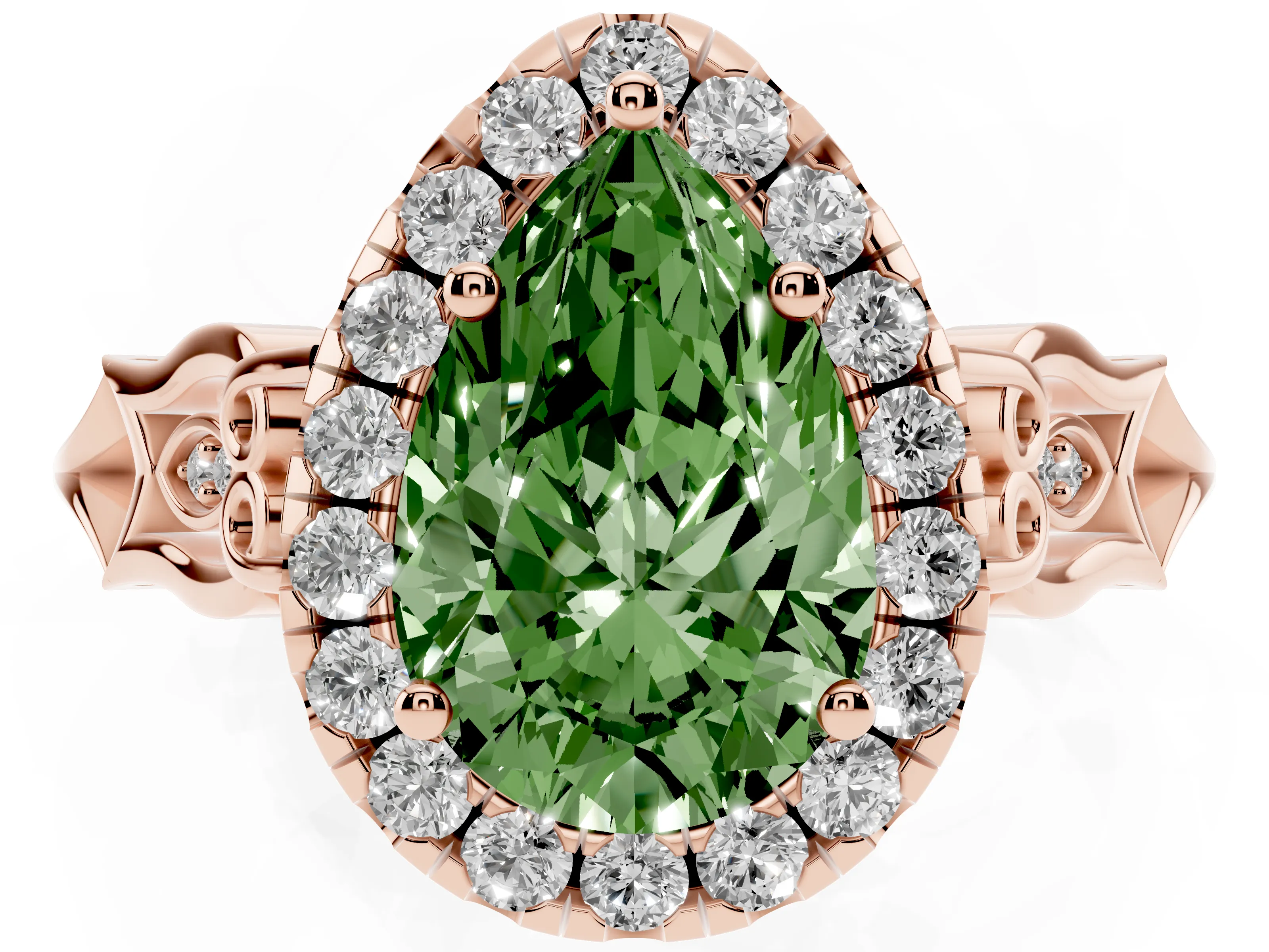 Fancy Green Pear Cut Diamond Halo Engagement Ring Set in Rose gold with Filigree Band and Prong-Set Center