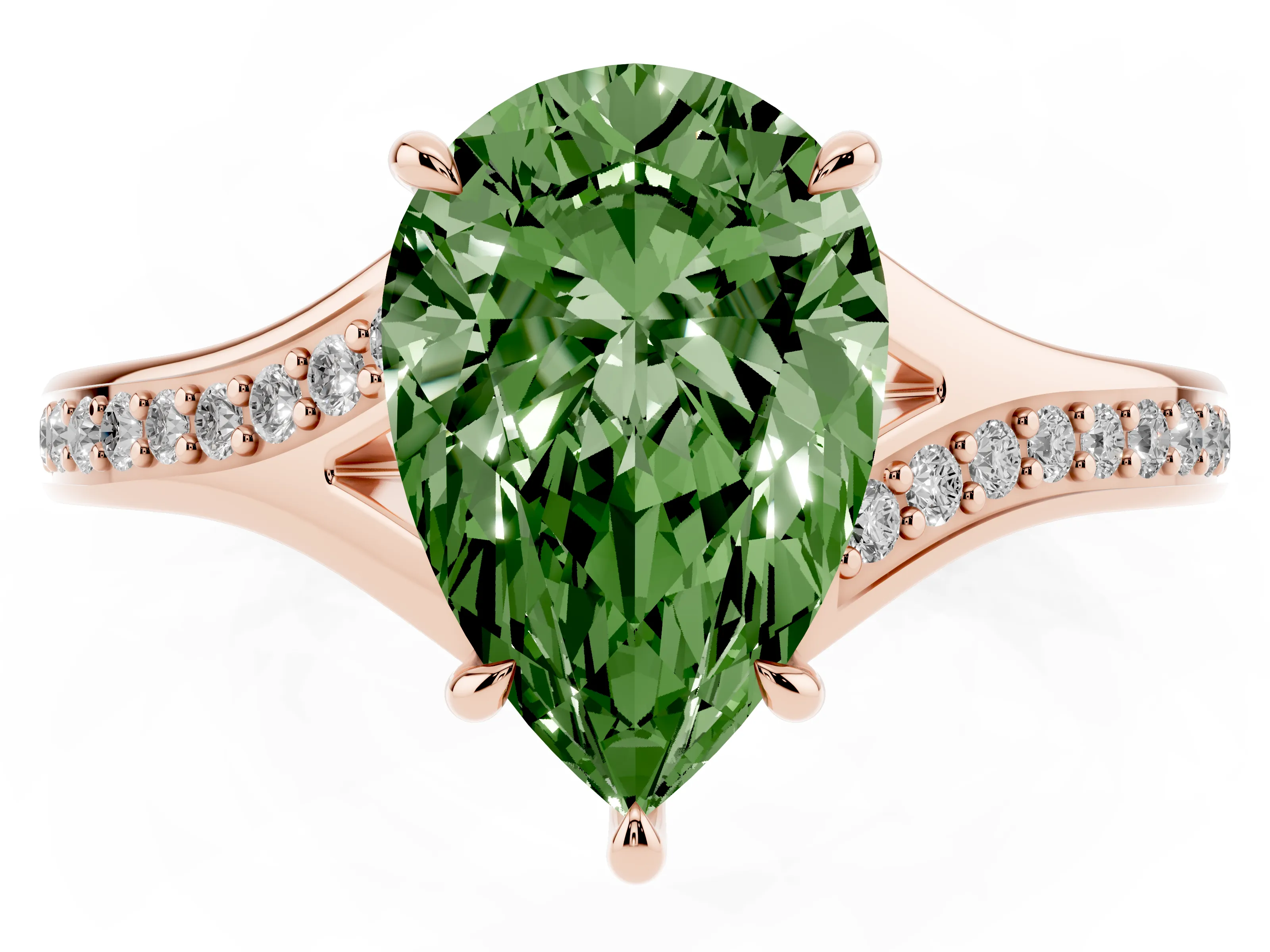 Fancy Green Pear Cut Diamond Solitaire Ring Set in Rose gold with Pavé Accent Band and Classic Prong Setting
