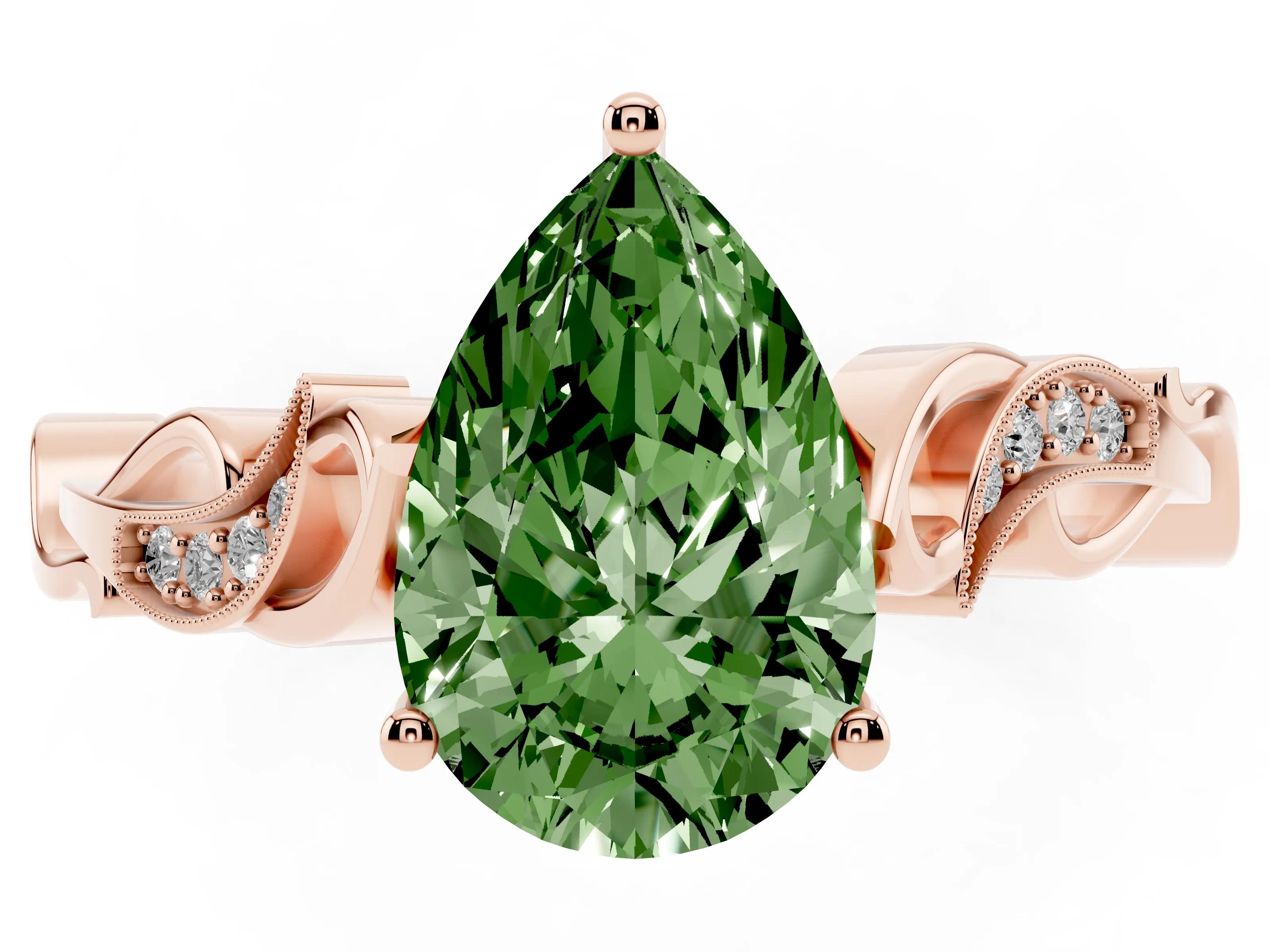 Fancy Green Pear Cut Diamond Vine Band Solitaire Ring Set in Rose gold with Milgrain Prong Setting