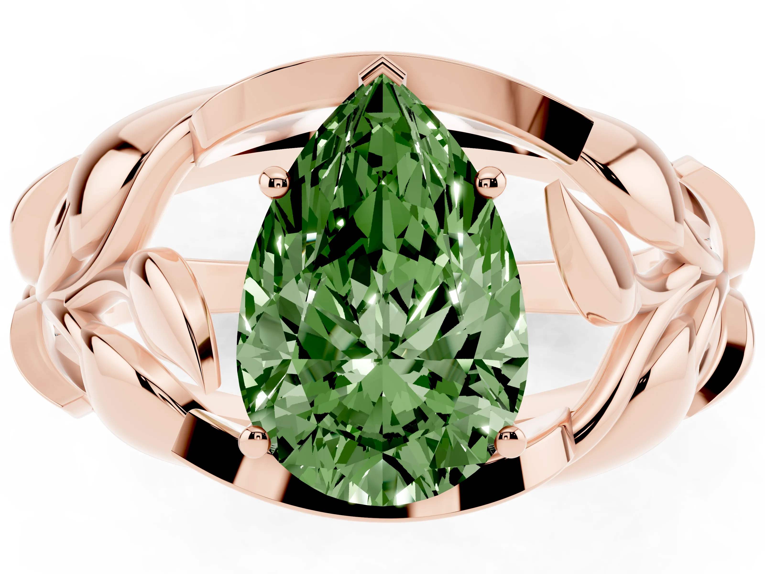 Fancy Green Pear Cut Diamond Leaf-Inspired Engagement Ring Set in Rose gold with Round Accents