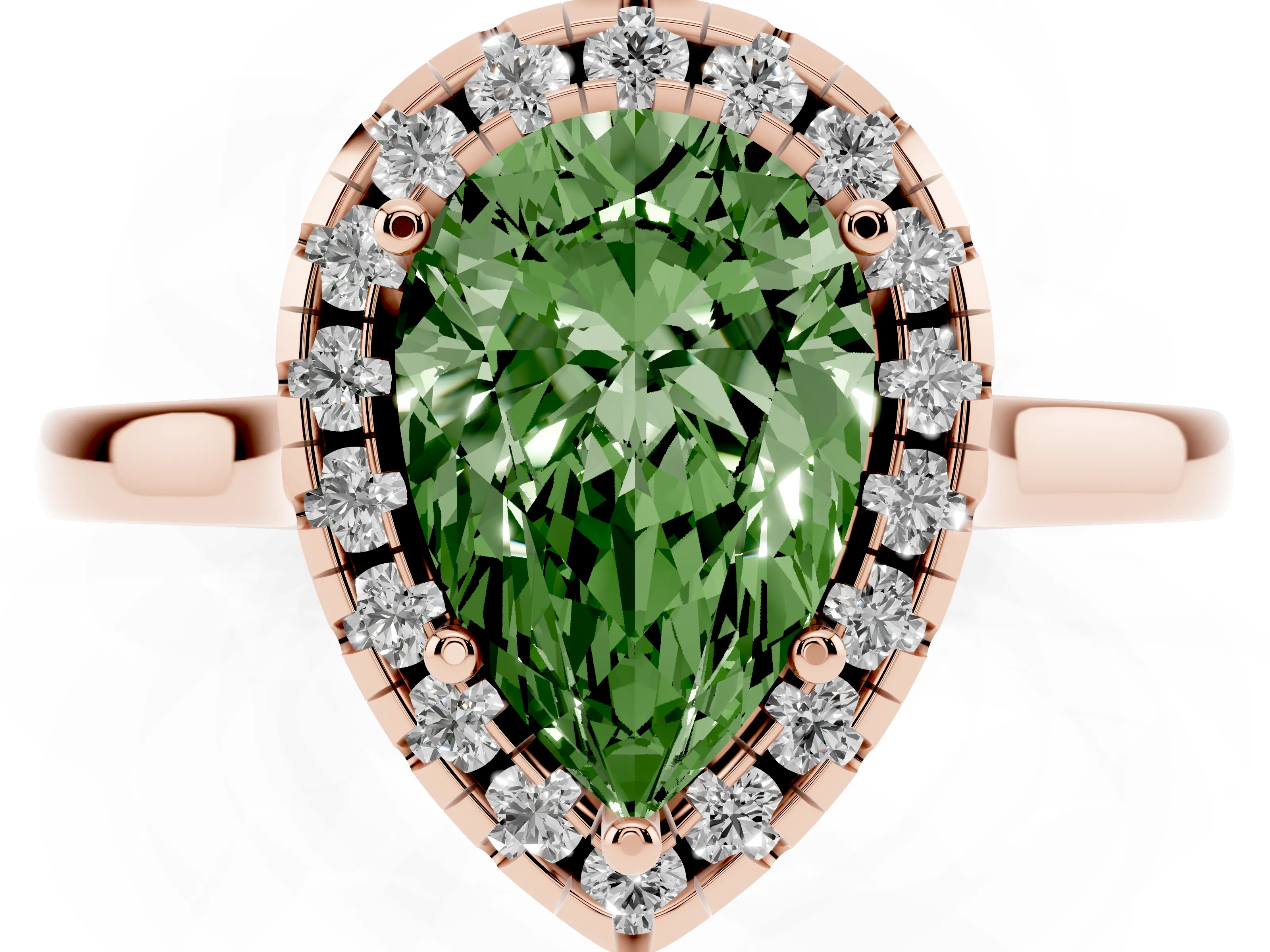 Fancy Green Pear Cut Halo Round Diamond Solitaire Ring Set in Rose gold with Pavé Band and Prong Setting