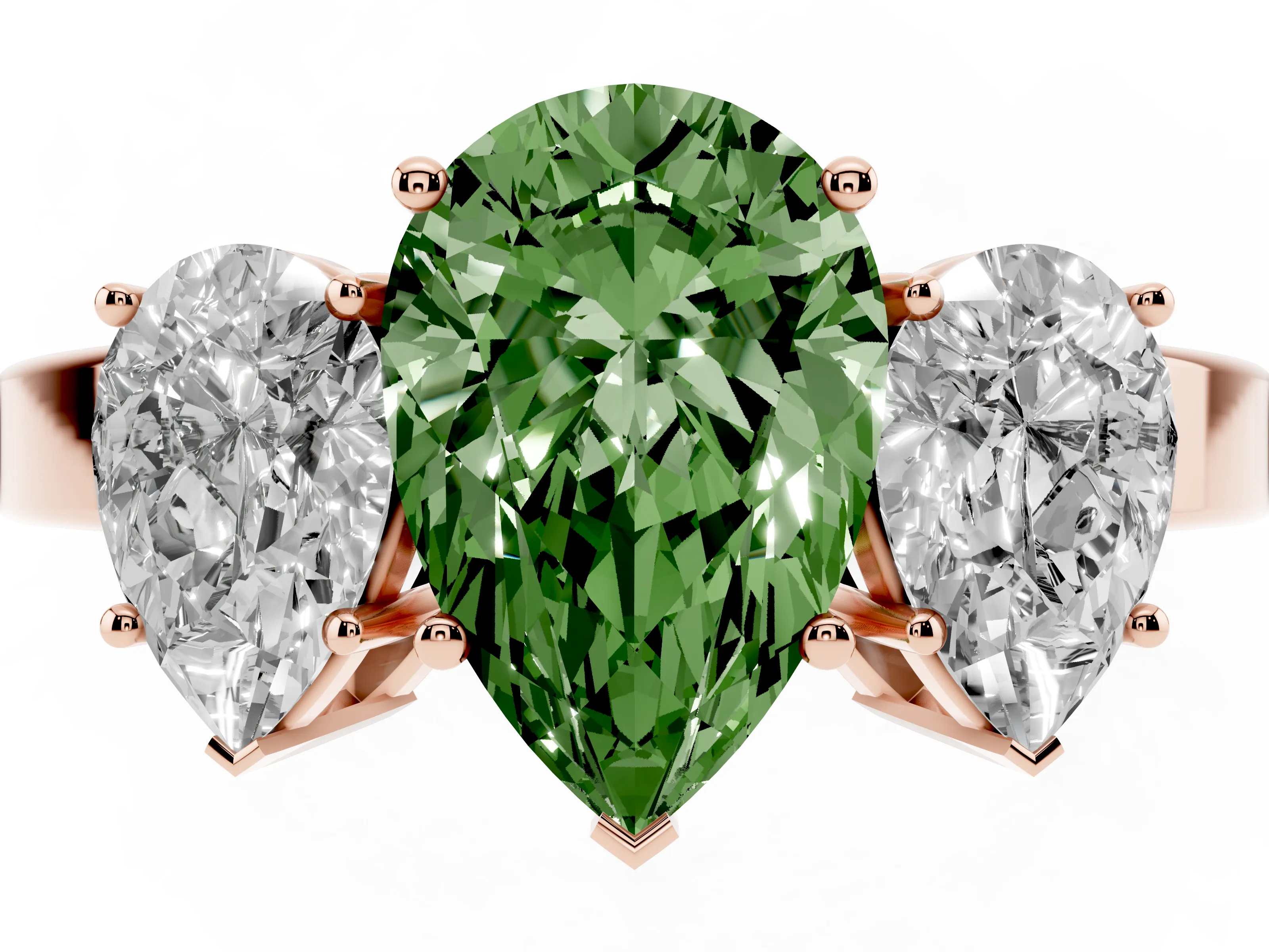 Fancy Green Pear Cut Diamond Three-Stone Engagement Ring Set in Rose gold with Flat Band