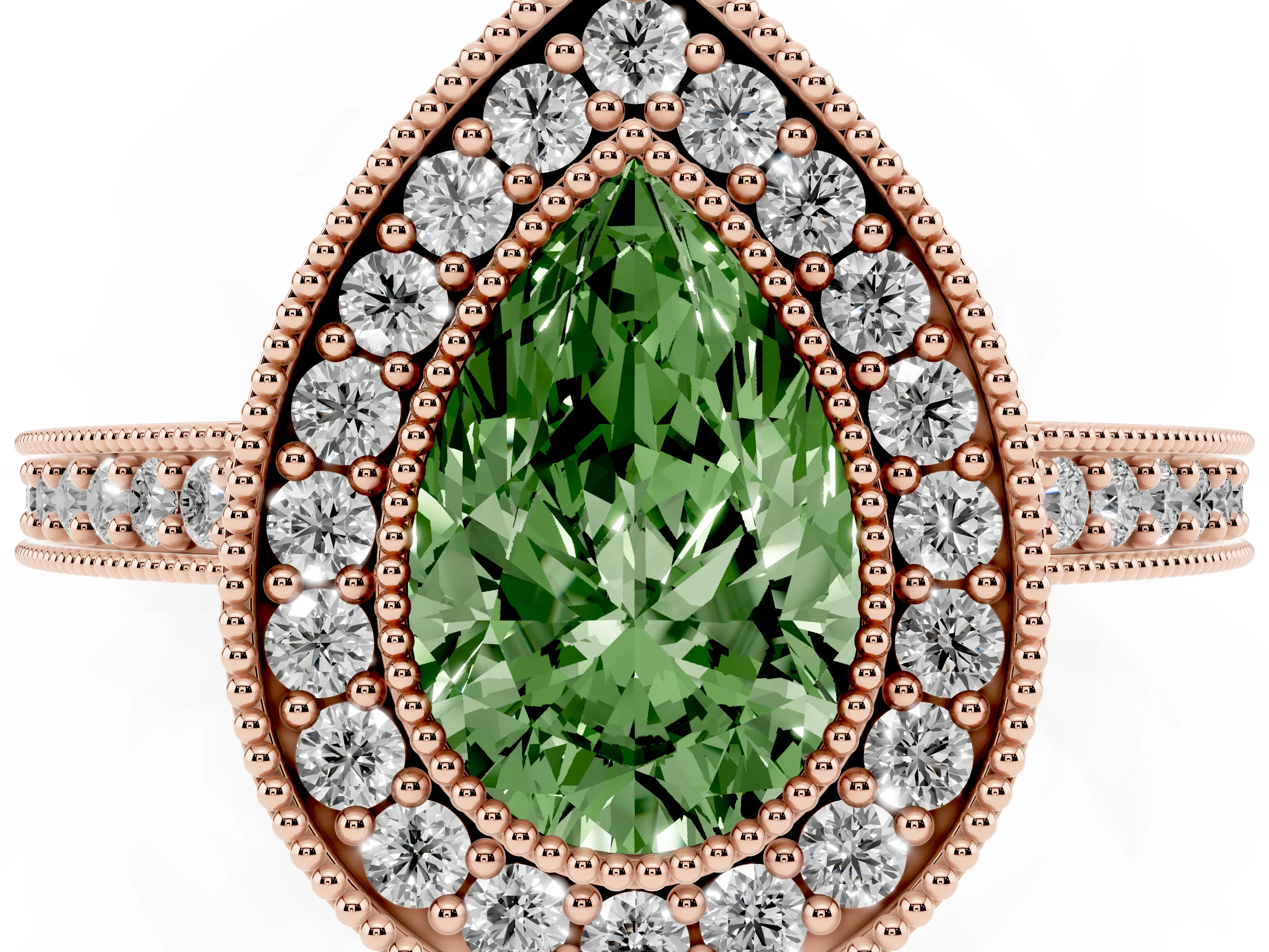 Fancy Green Pear Cut Diamond Halo Engagement Ring Set in Rose gold with Pavé Band and Round Halo Stones