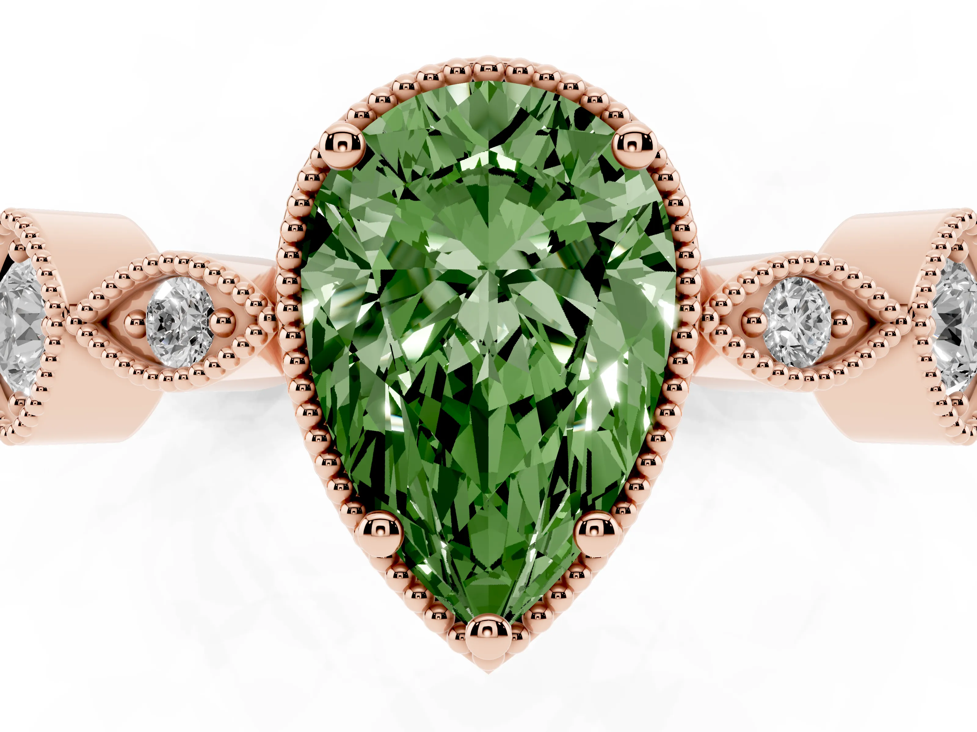 Fancy Green Pear Cut Diamond Vintage-Inspired Milgrain Ring Set in Rose gold with Marquise Stations of Round Accents