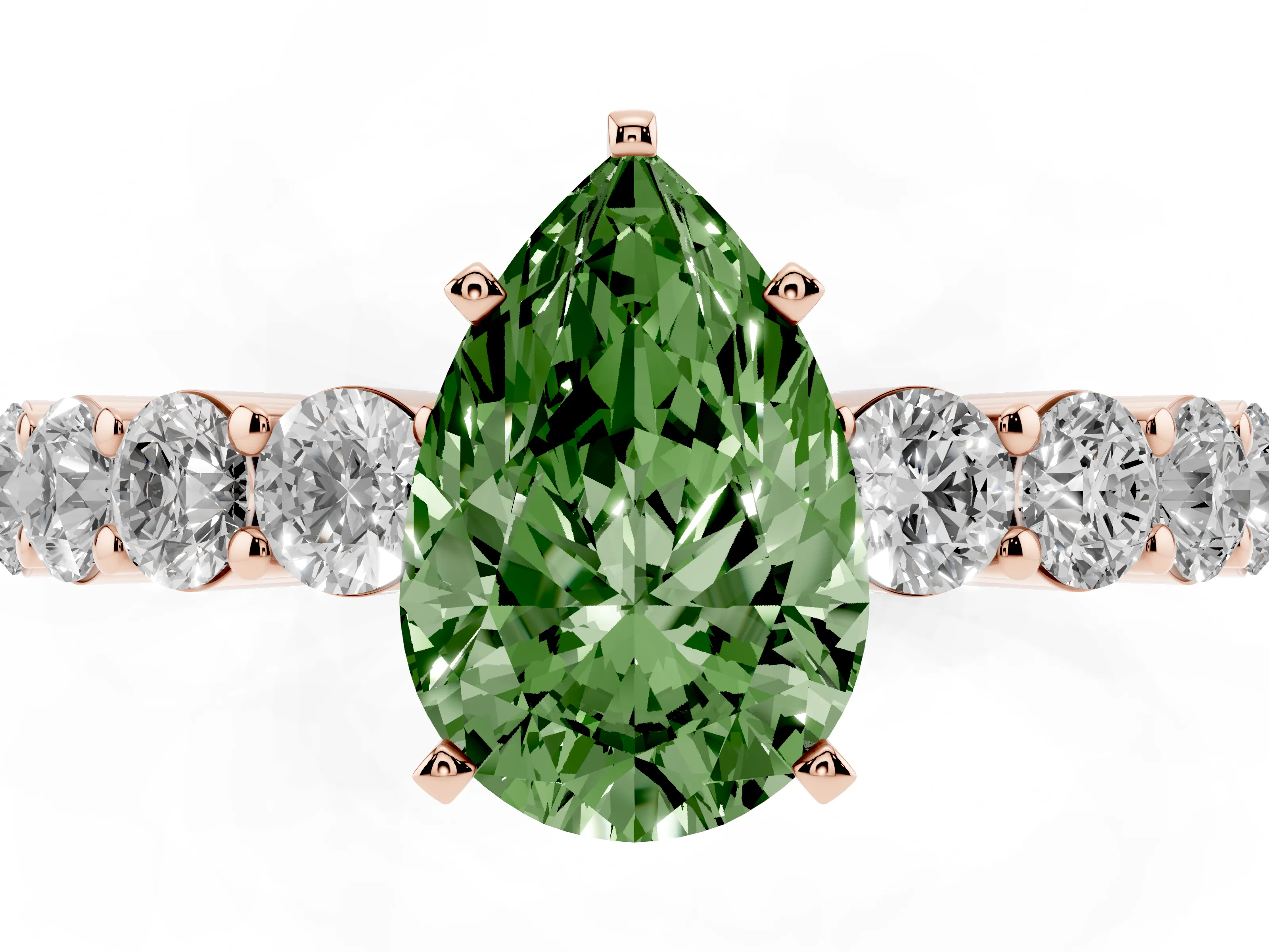 Fancy Green Pear Cut Diamond Solitaire Ring Set in Rose gold with Shared Prong Round Side Stones