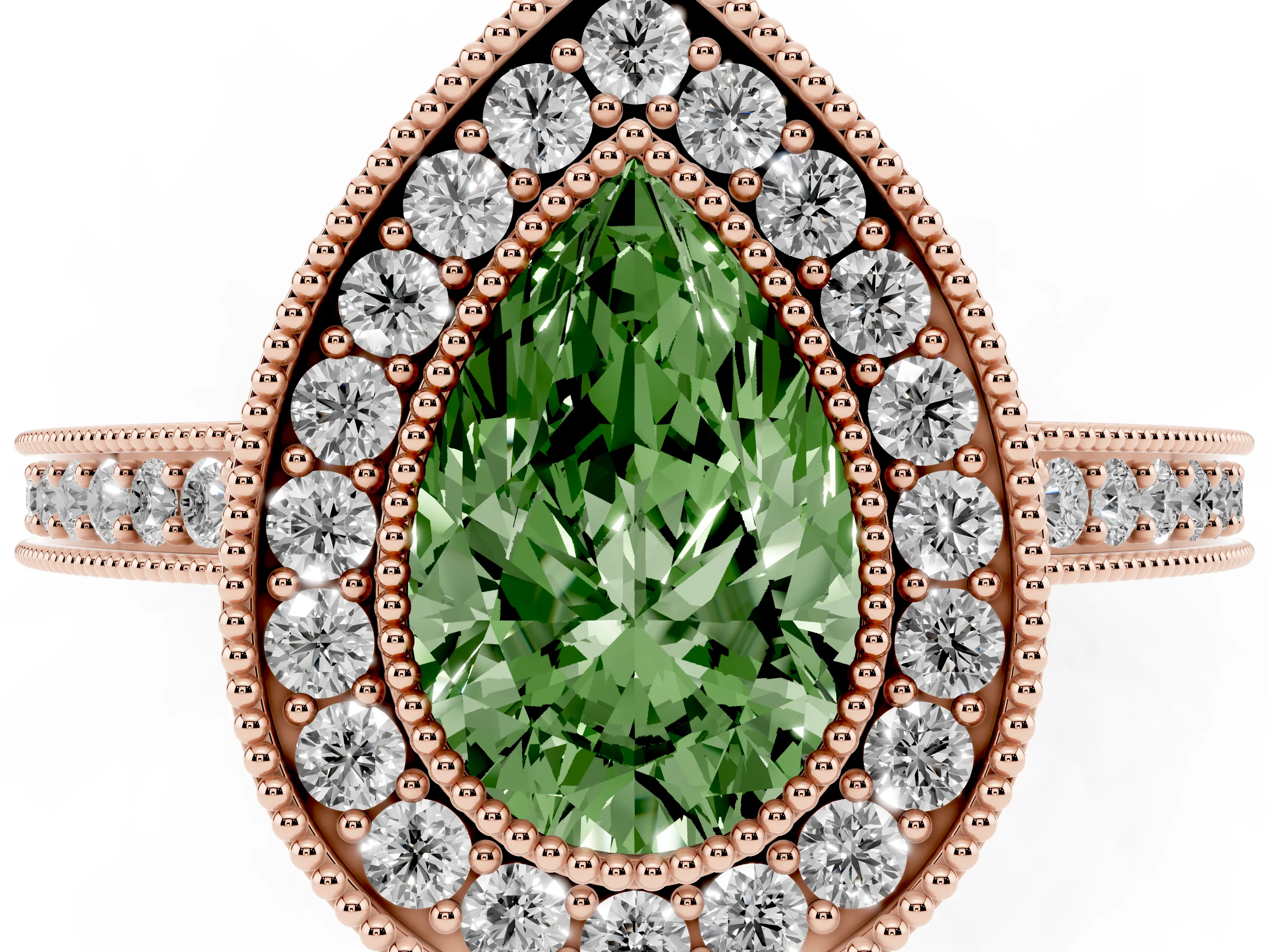 Fancy Green Pear Cut Diamond Round Halo Ring Set in Rose gold with Pavé Band