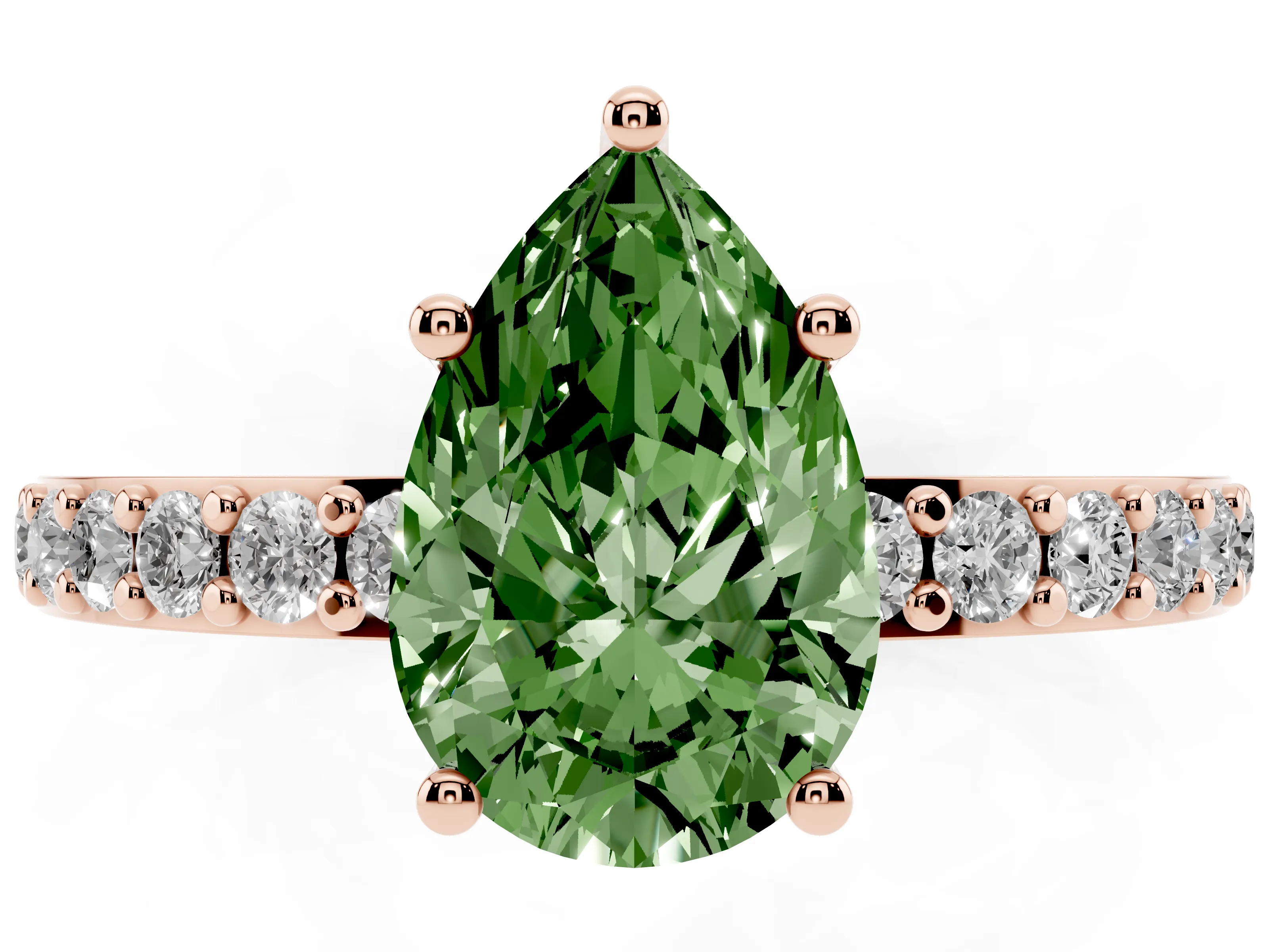 Fancy Green Pear Cut Diamond Solitaire Set in Rose gold with Round Pavé Band and Prong Setting
