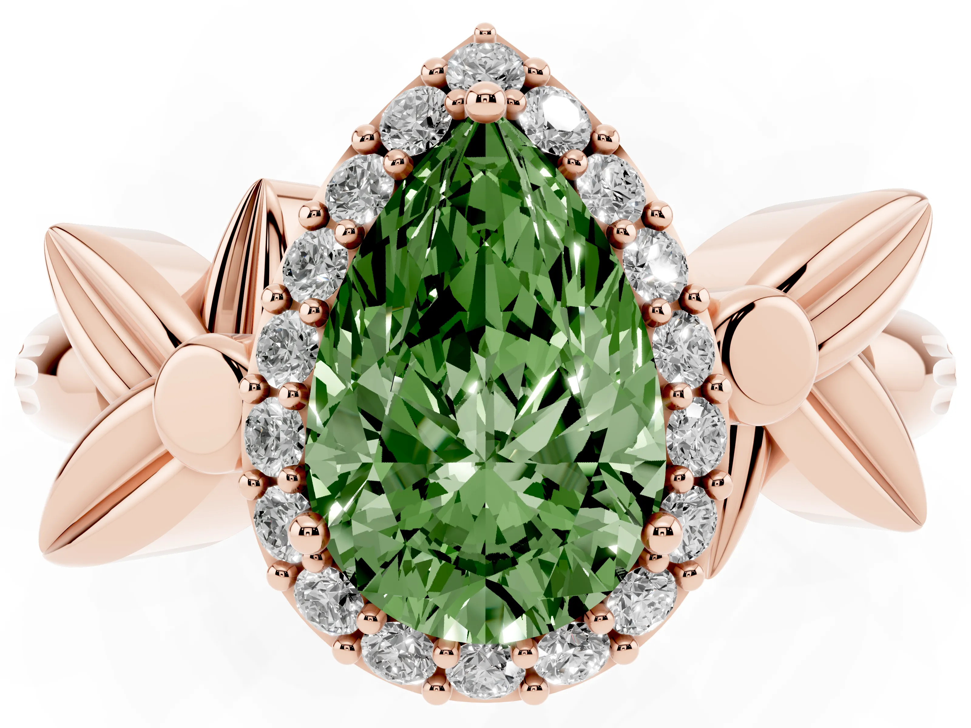Fancy Green Pear Cut Diamond Halo Floral Band Ring Set in Rose gold with Prong Setting