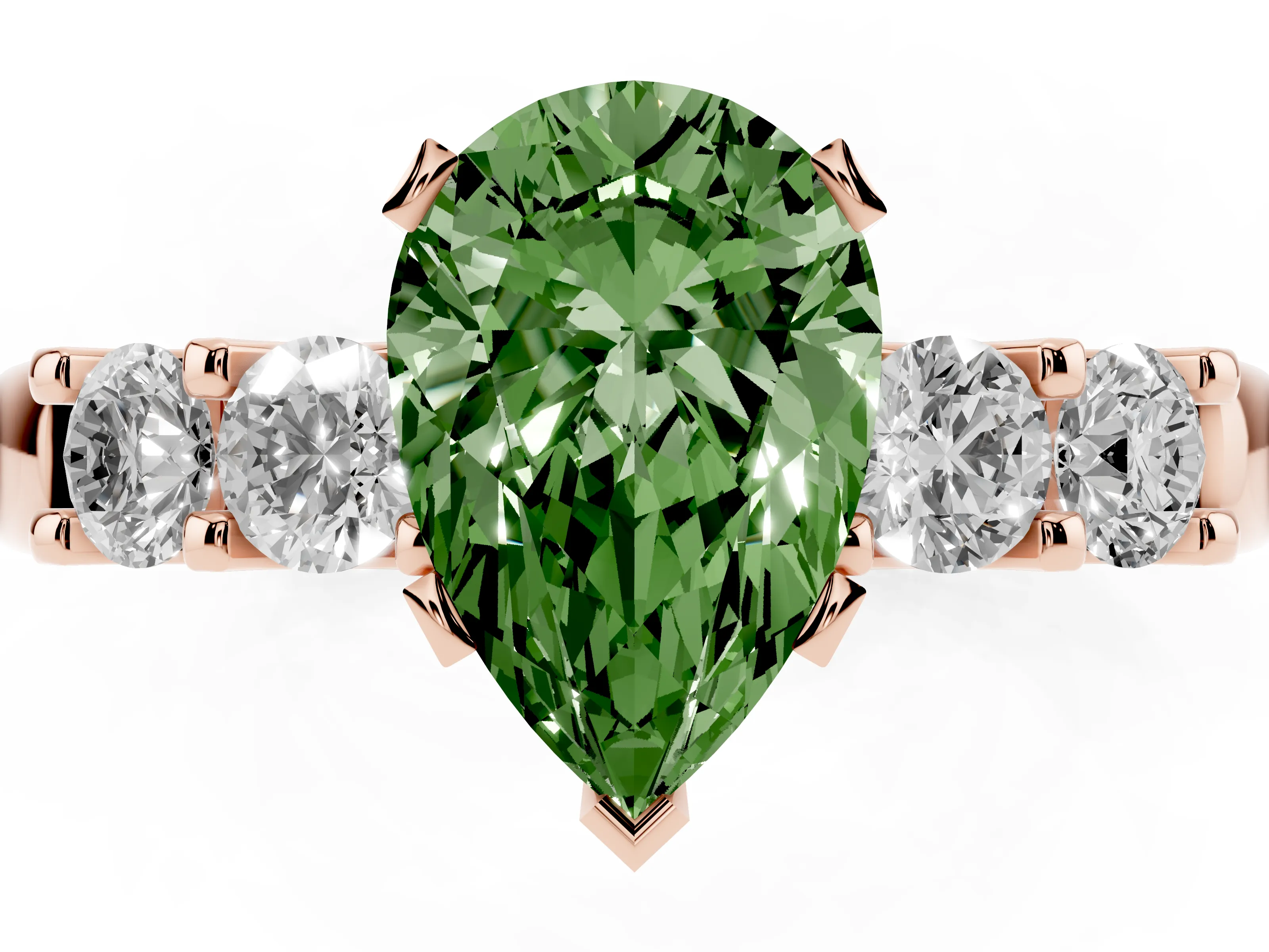 Fancy Green Pear Cut Diamond Five-Stone Prong Set Engagement Ring Set in Rose gold with Channel Band