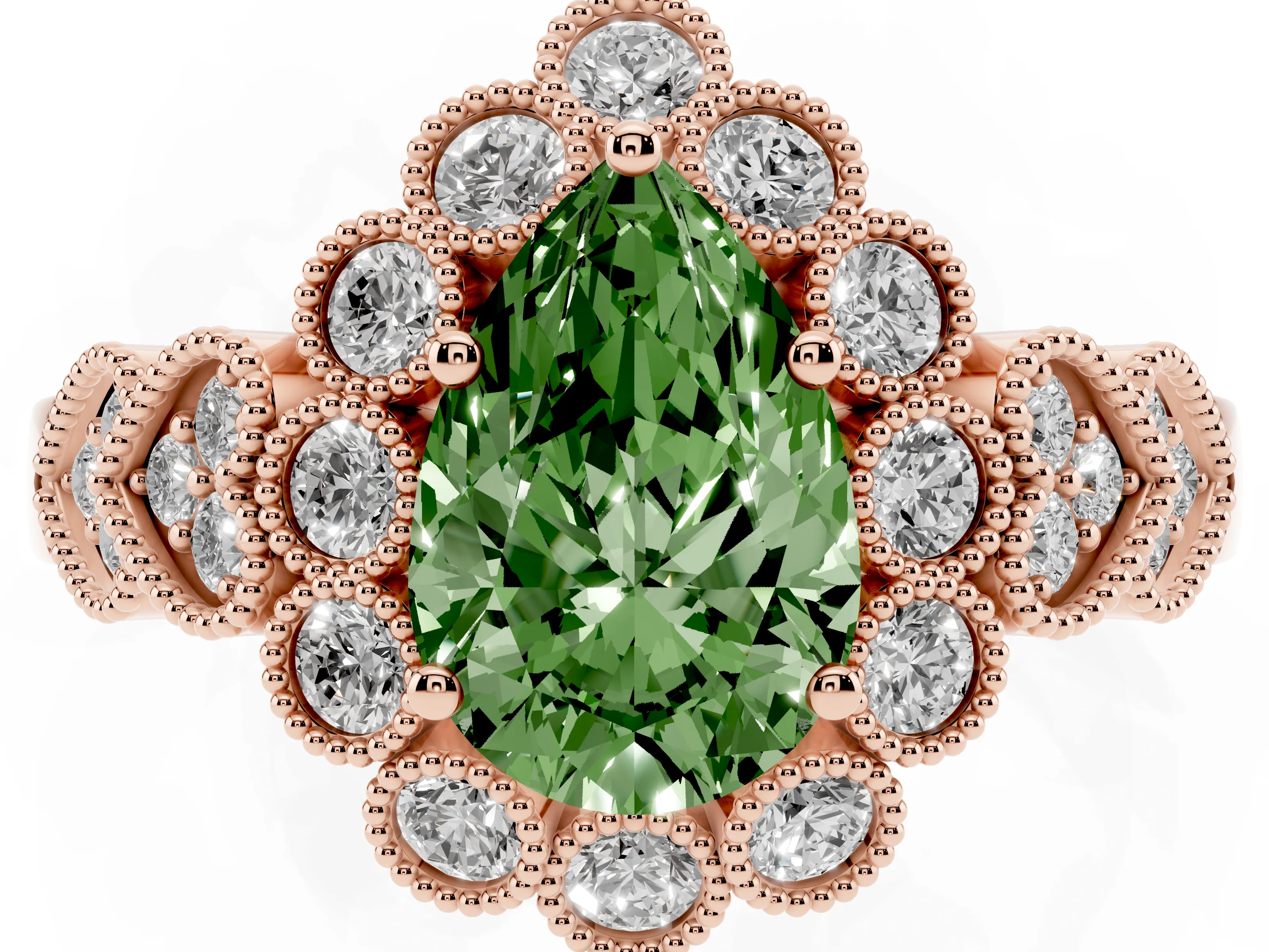 Fancy Green Pear Cut Diamond Solitaire Ring Set in Rose gold with Milgrain Pavé Heart Band