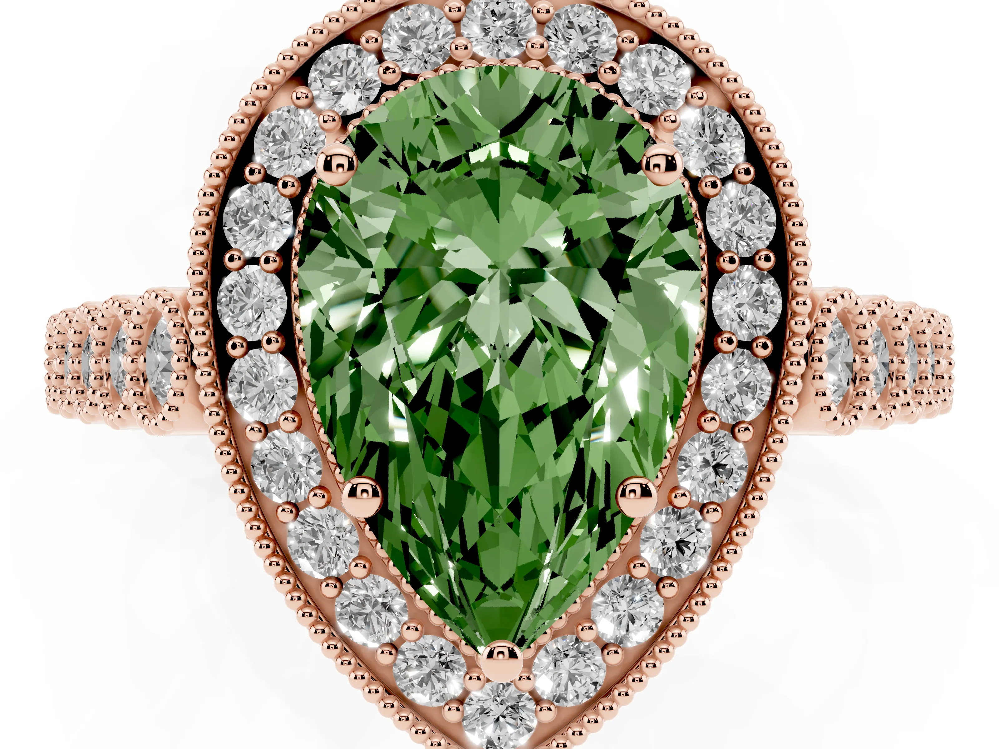 Fancy Green Pear Cut Diamond Milgrain Halo Solitaire Ring Set in Rose gold with Bezel Set Side Stones and Pavé Band