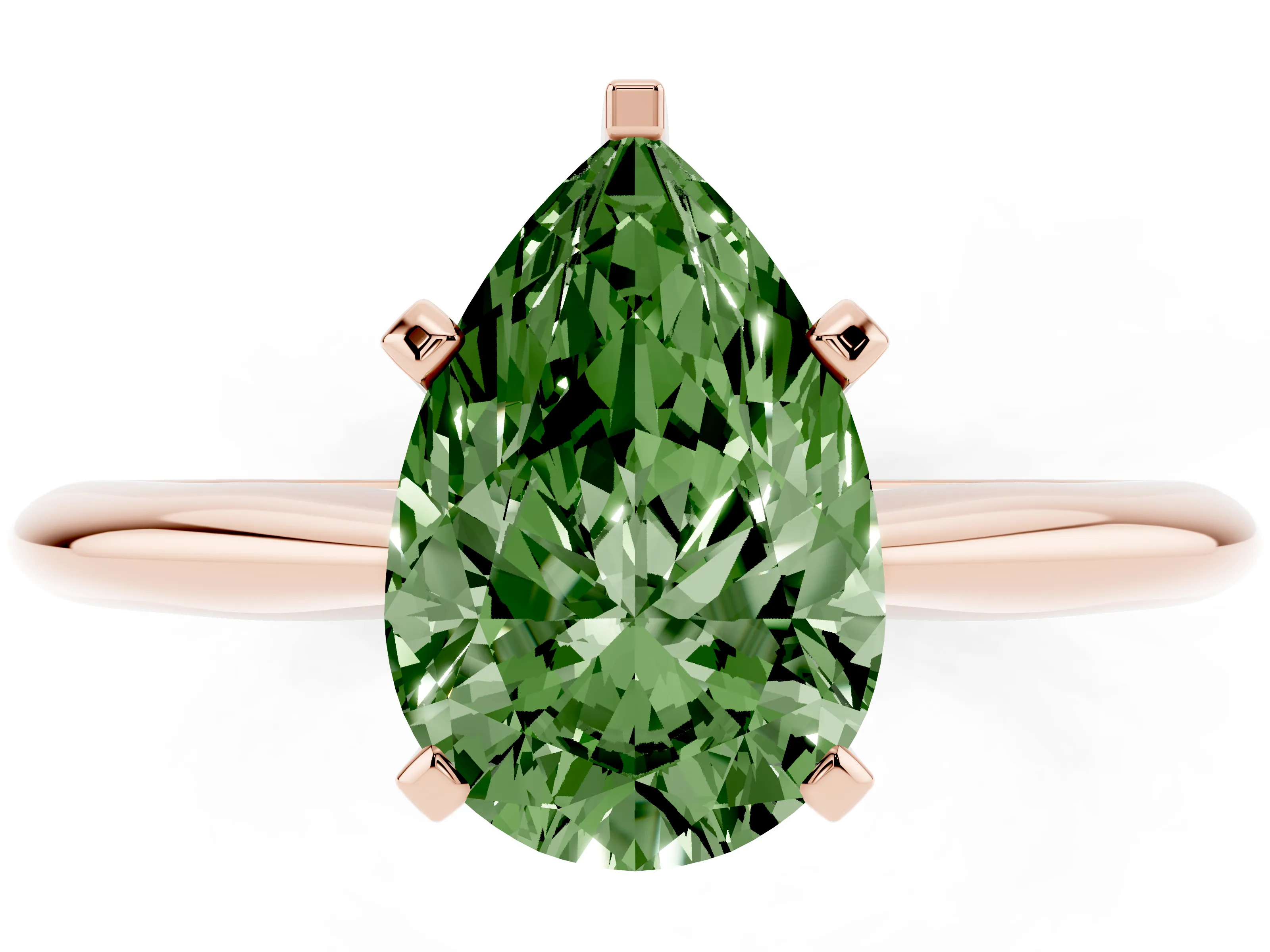 Fancy Green Pear Cut Diamond Solitaire Ring Set in Rose gold with Prong Setting on a Plain Round Band