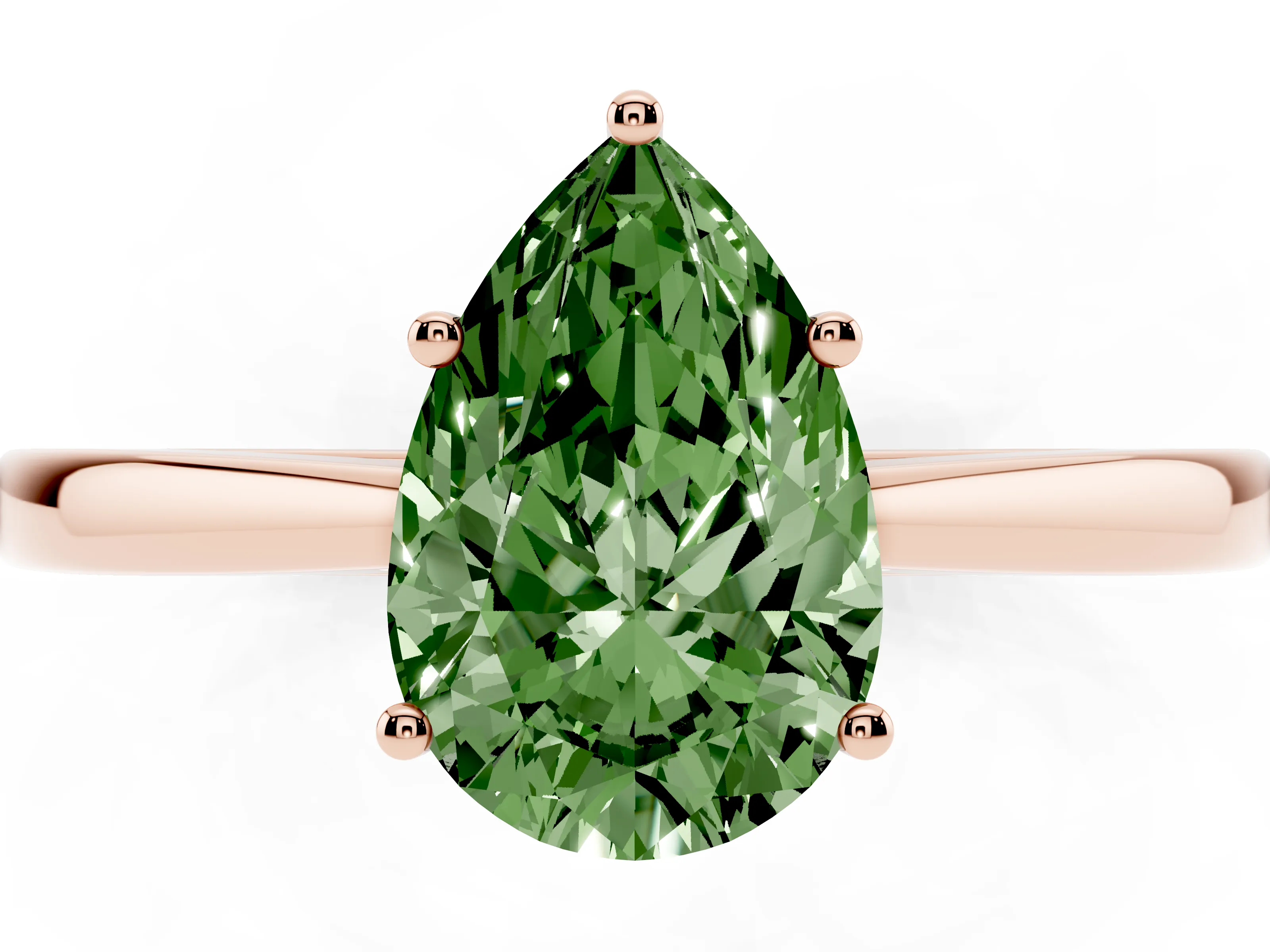 Fancy Green Pear Cut Diamond Solitaire Ring Set in Rose gold with Split Shank and Prong Setting
