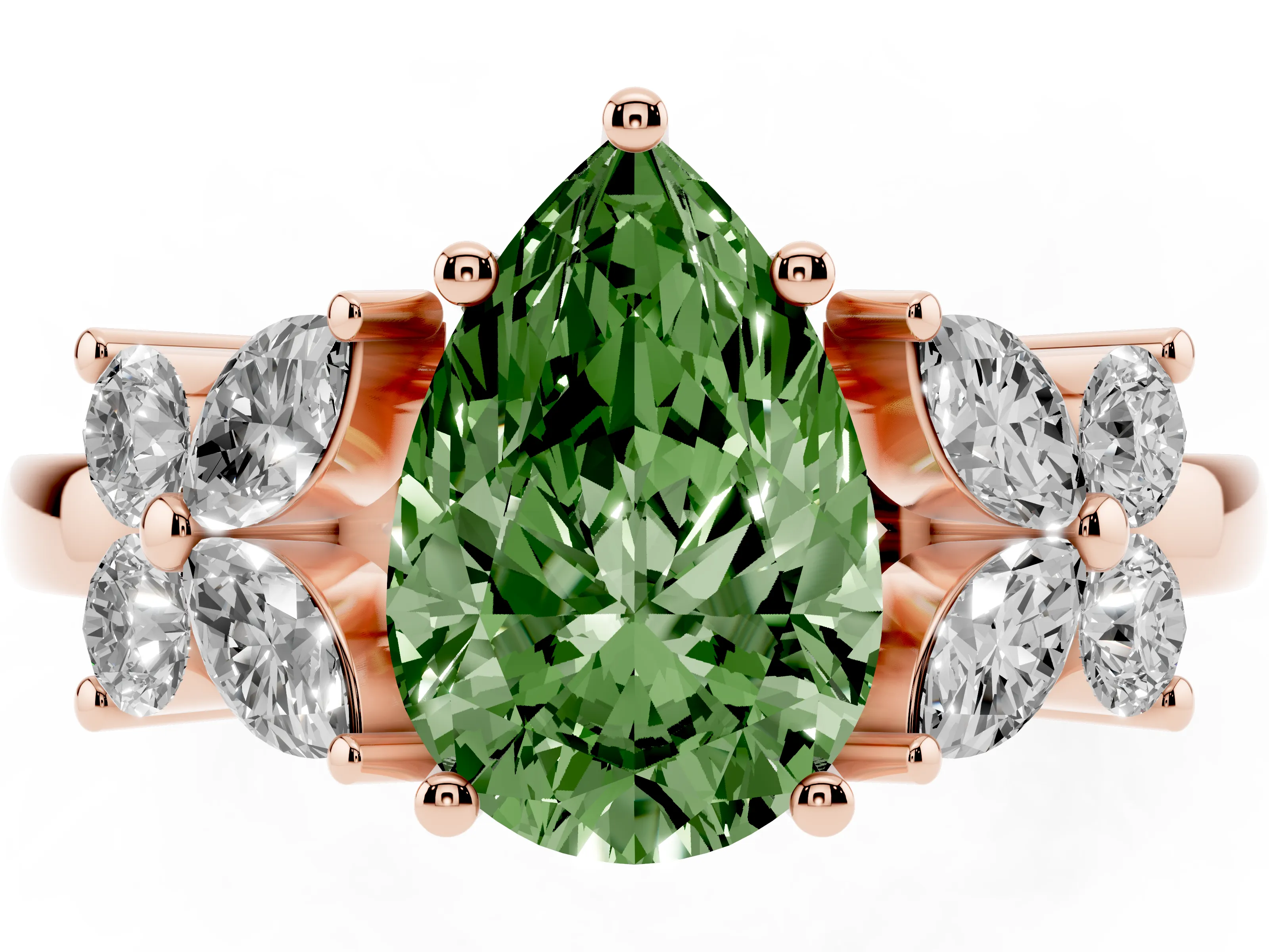 Fancy Green Pear Cut Diamond Floral Cluster Ring Set in Rose gold with Marquise Petals and Prong Setting