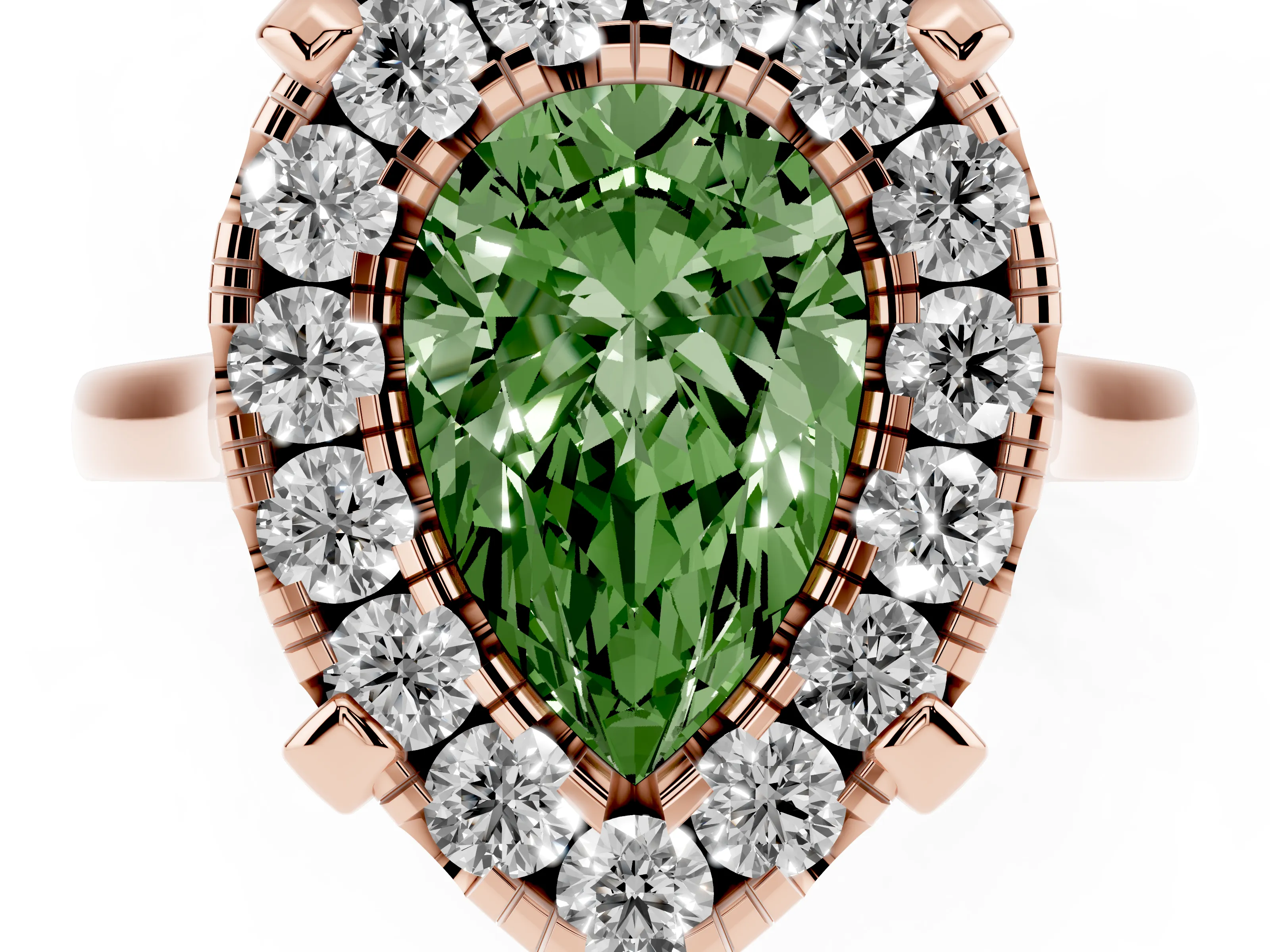 Fancy Green Pear Cut Diamond Cluster Halo Solitaire Ring Set in Rose gold with Prong Setting