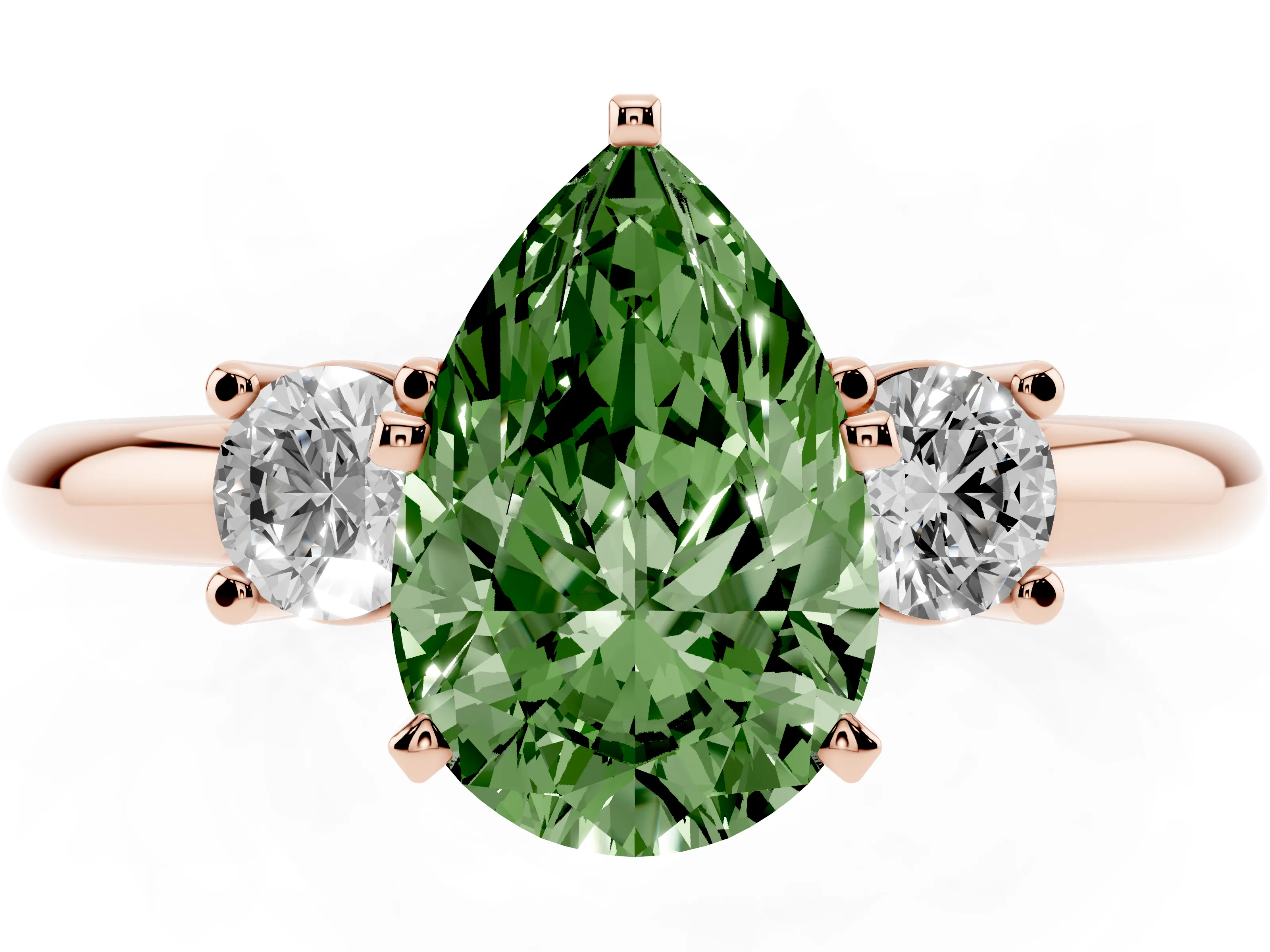 Fancy Green Three-Stone Pear Cut Diamond Ring Set in Rose gold with Prong Setting and Plain Band