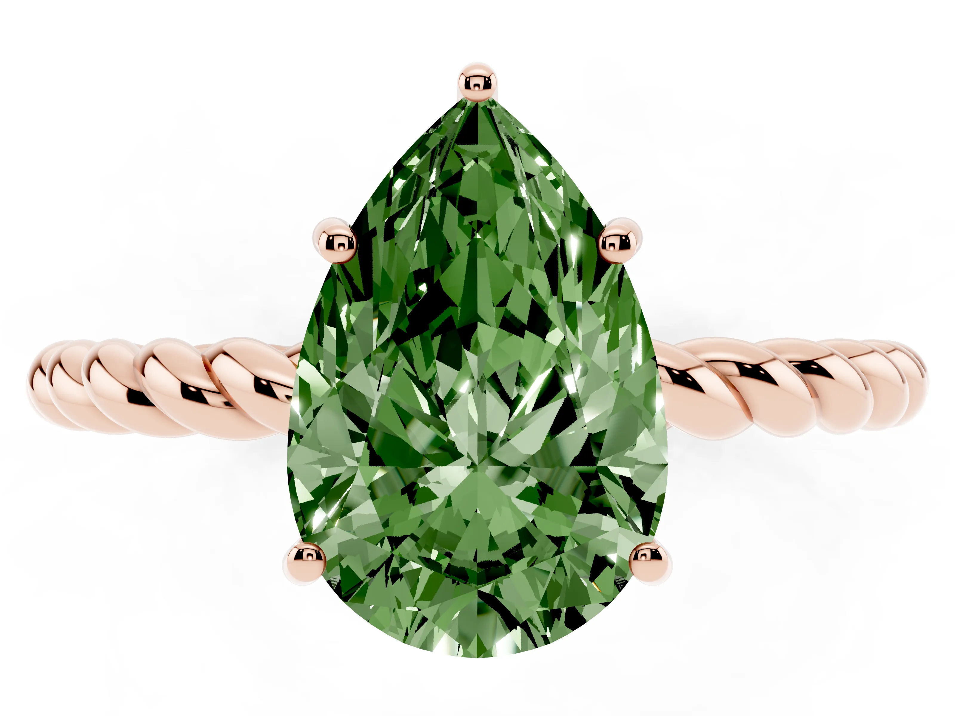 Fancy Green Pear Cut Diamond Solitaire Ring Set in Rose gold with Twist Band and Prong Setting