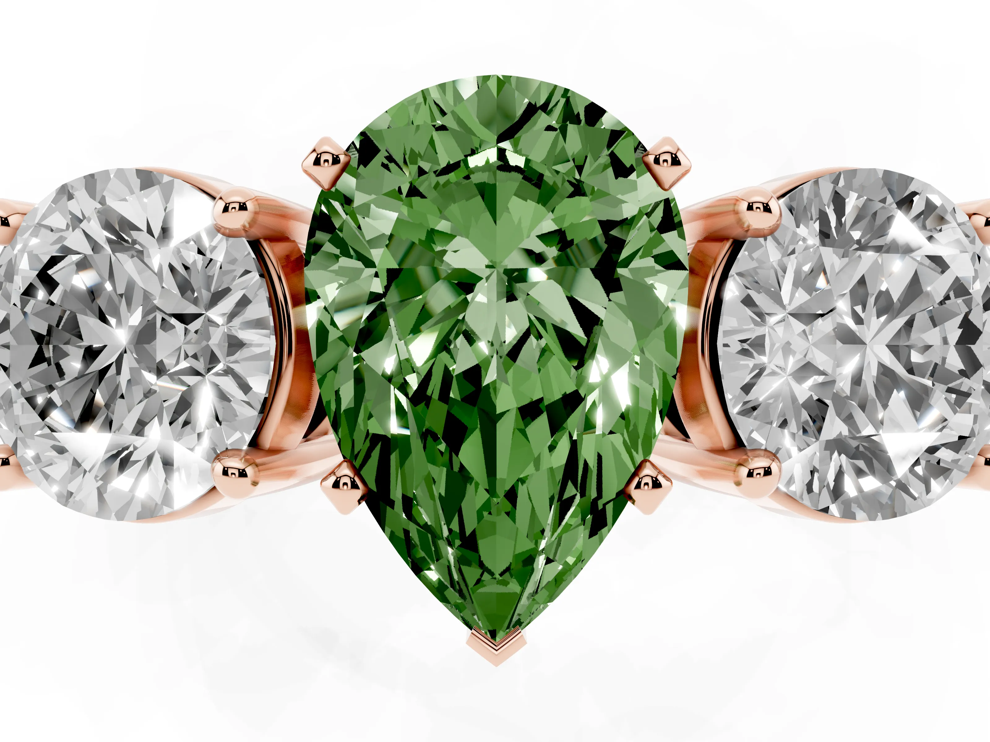 Fancy Green Pear Cut Diamond Three-Stone Ring Set in Rose gold with Round Side Stones and Classic Band
