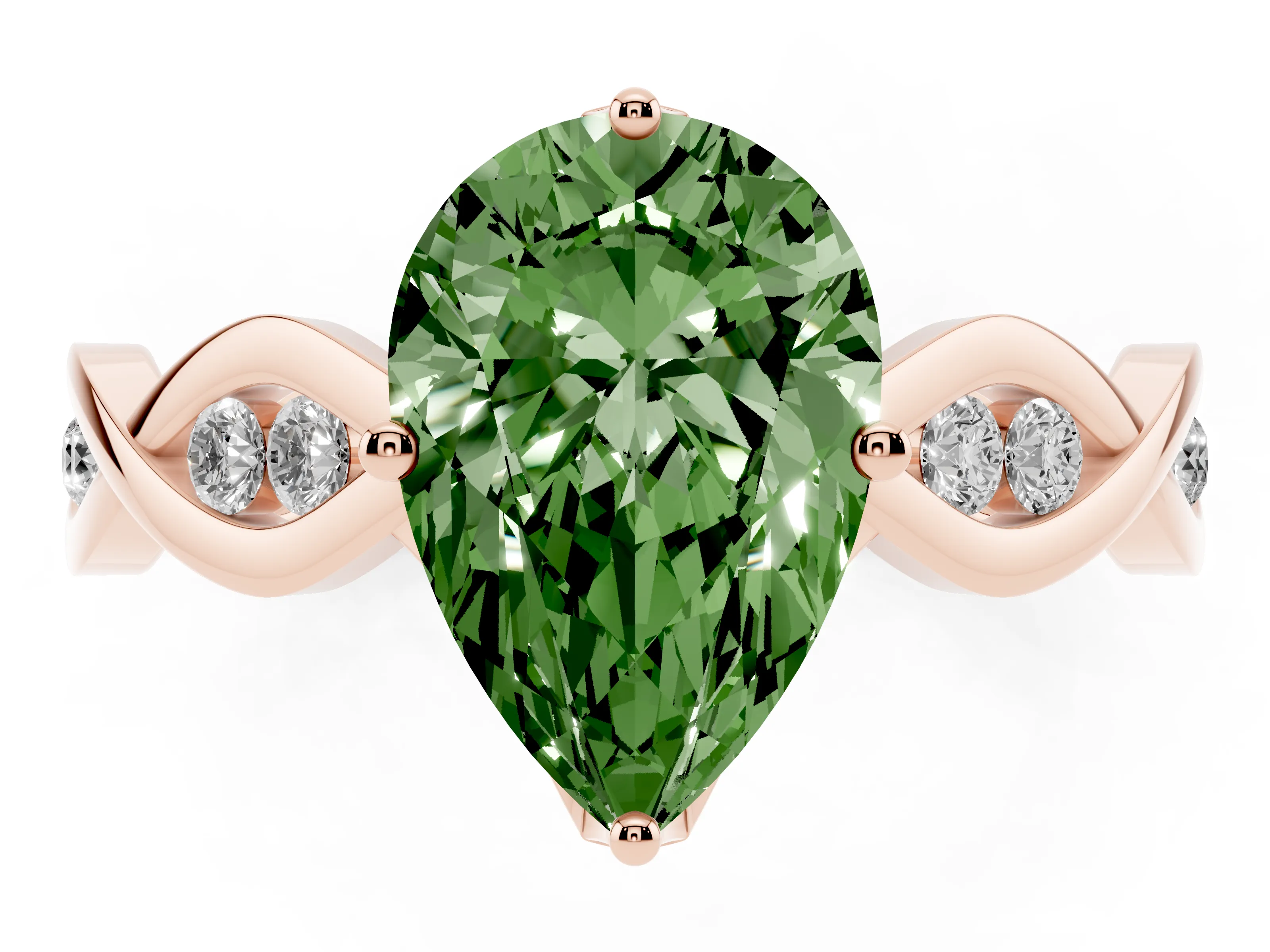 Fancy Green Pear Cut Diamond Twist Band Solitaire Ring Set in Rose gold with Leaf Prong Setting and Accent Stones