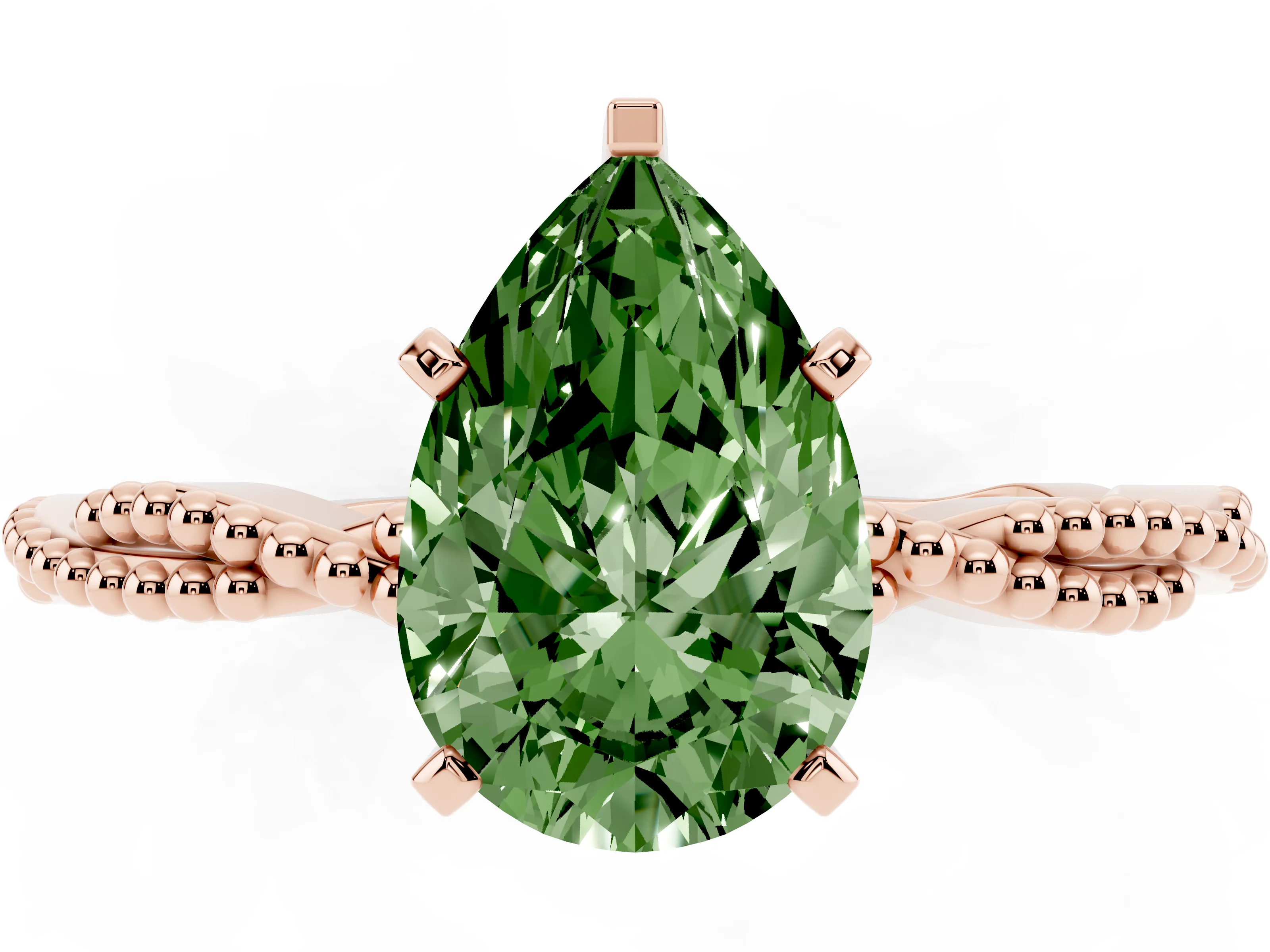 Fancy Green Pear Cut Diamond Solitaire Ring Set in Rose gold with Twisted Band and Bead Prong Setting