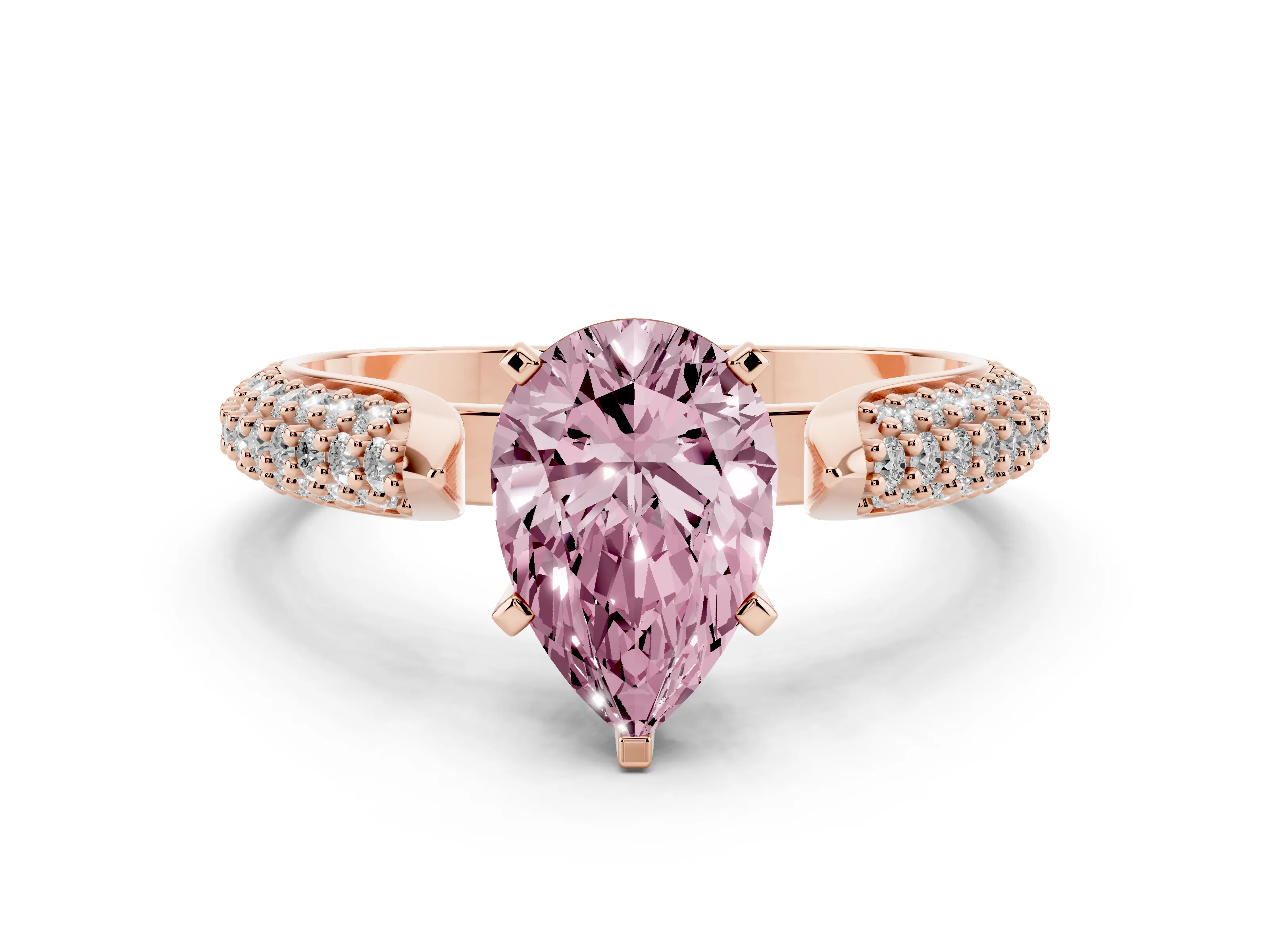 Fancy Pink Pear Cut Diamond Solitaire Engagement Ring Set in Rose gold with Multi-Row Round Pavé Band and Prong Setting