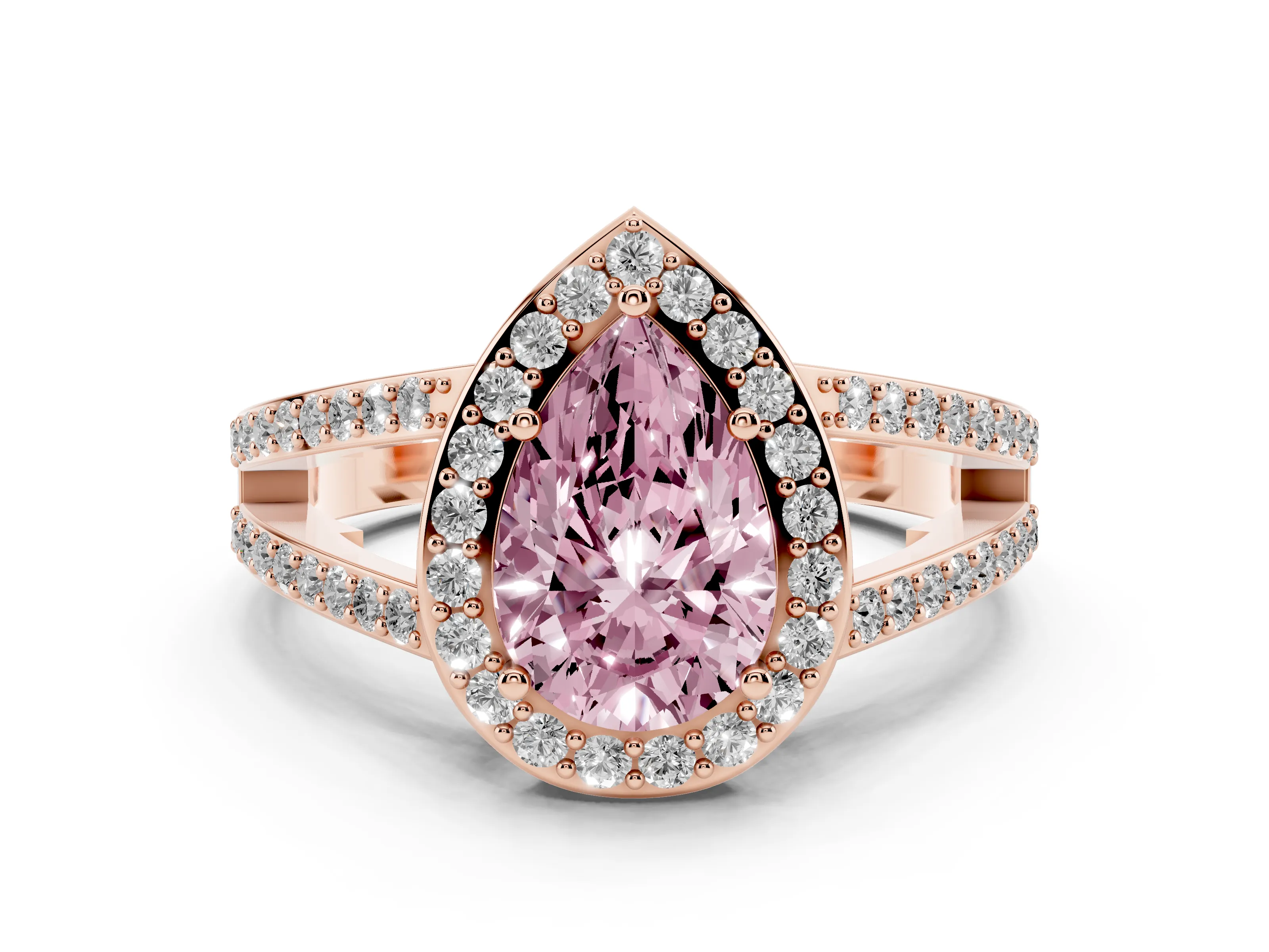 Fancy Pink Pear Cut Diamond Halo Ring Set in Rose gold with U-Prong Split Shank and Prong Setting