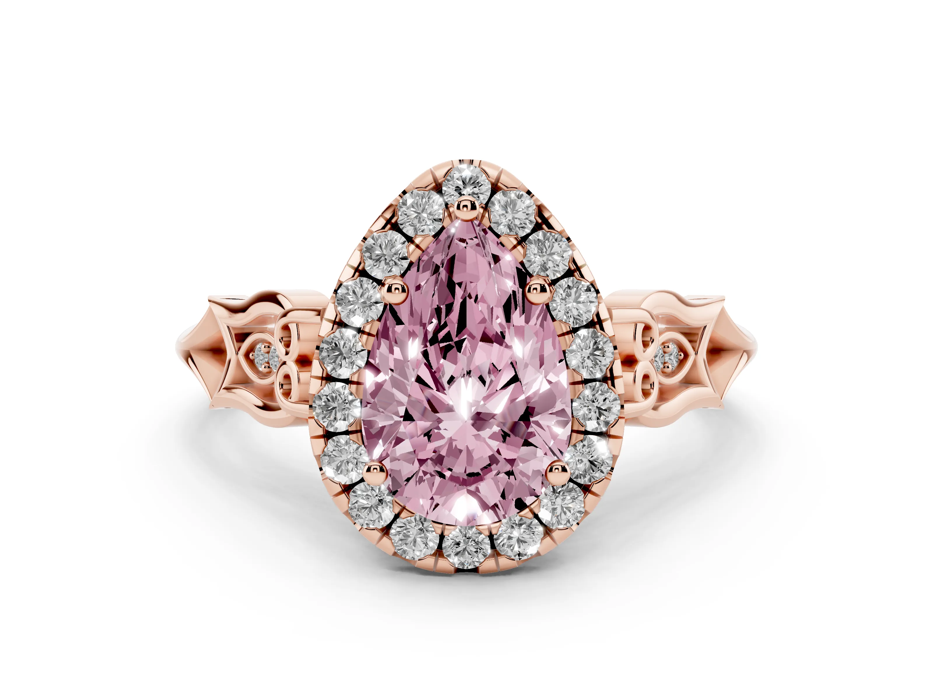 Fancy Pink Pear Cut Diamond Halo Engagement Ring Set in Rose gold with Filigree Band and Prong-Set Center