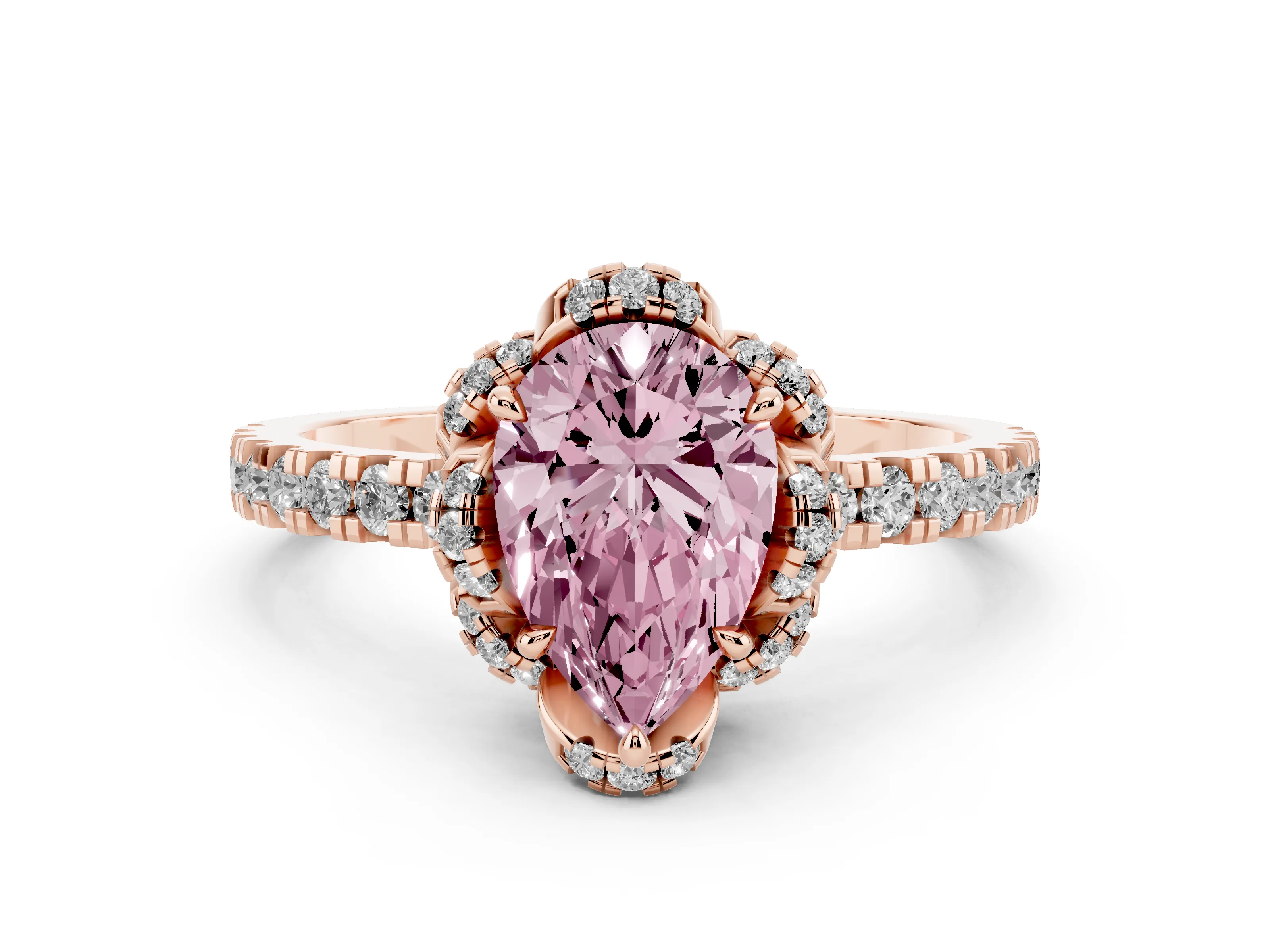 Fancy Pink Pear Cut Diamond Halo Pavé Band Ring Set in Rose gold with Prong-Held Center