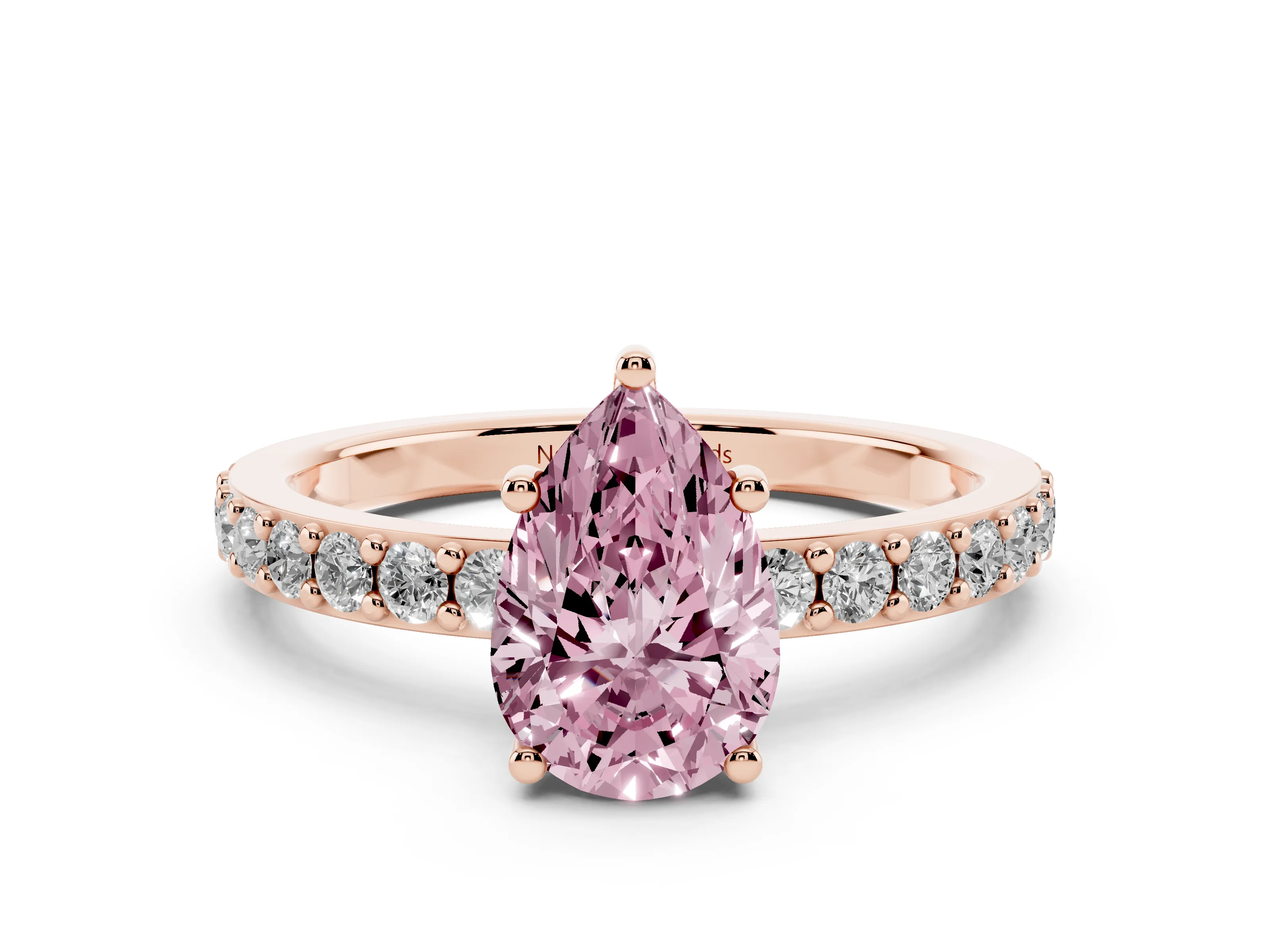 Fancy Pink Pear Cut Diamond Solitaire Set in Rose gold with Round Pavé Band and Prong Setting