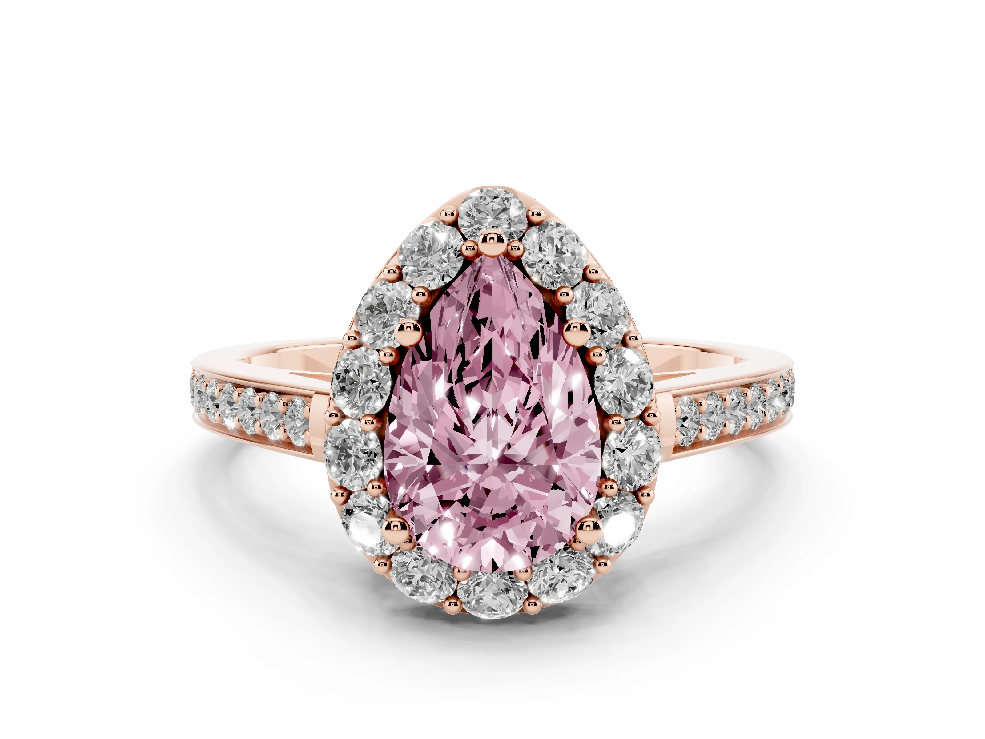 Fancy Pink Pear Cut Diamond Floral Halo Ring Set in Rose gold with Pavé Band and Prong Setting