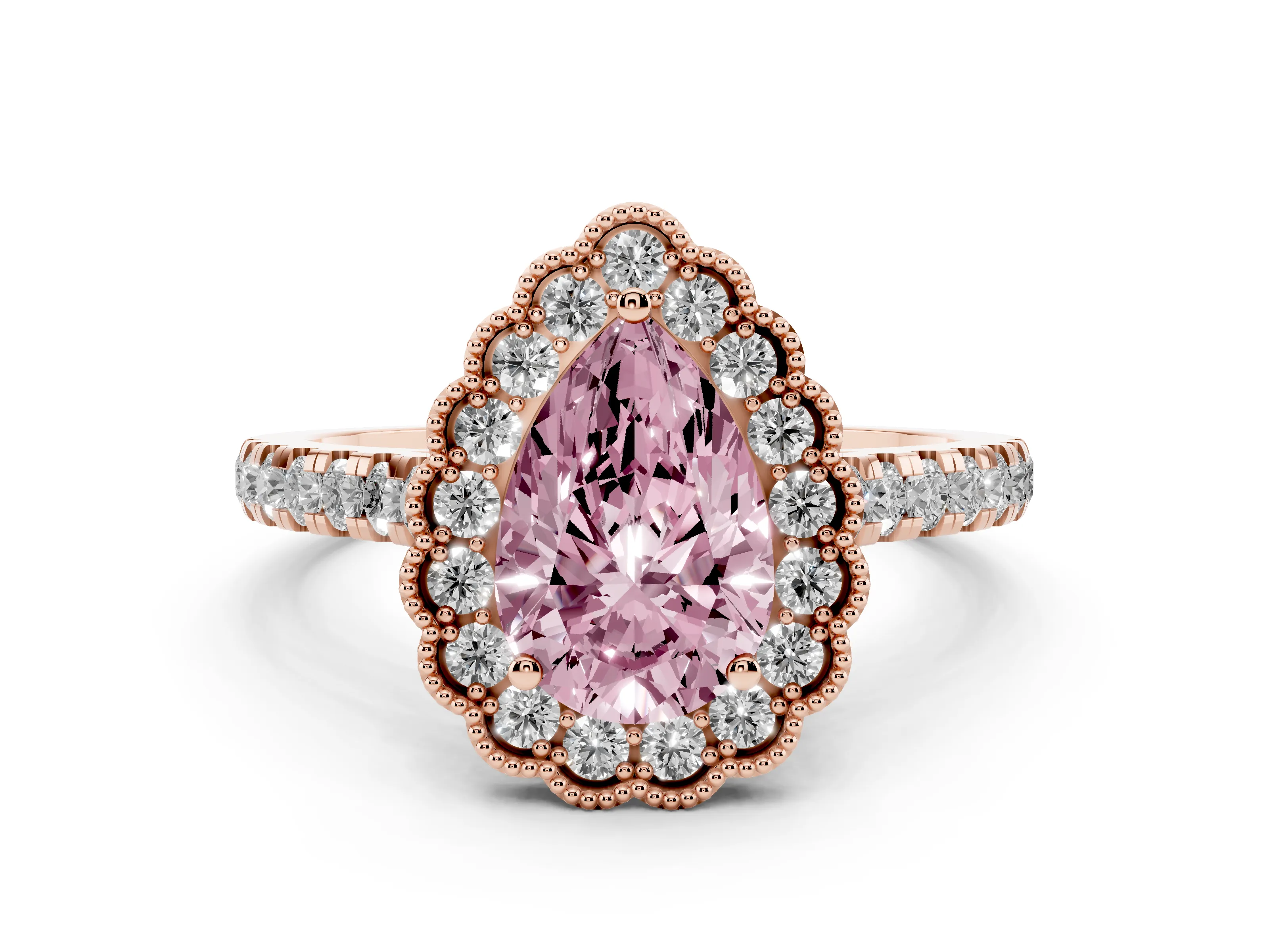 Fancy Pink Pear Cut Diamond Milgrain Floral Halo Engagement Ring Set in Rose gold with Pavé Band