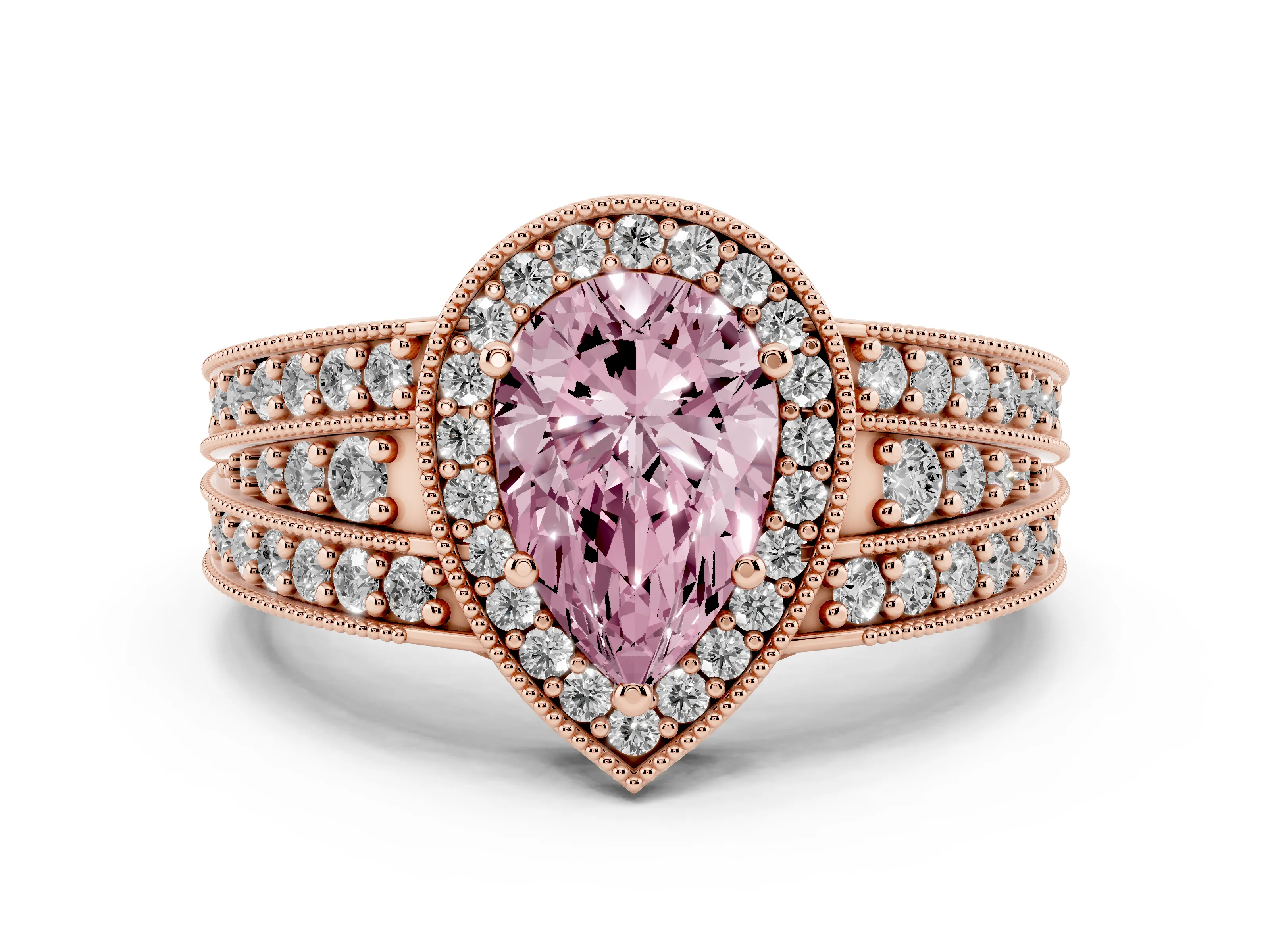 Fancy Pink Pear Cut Diamond Halo Ring Set in Rose gold with Accent Split Shank and Prong Setting