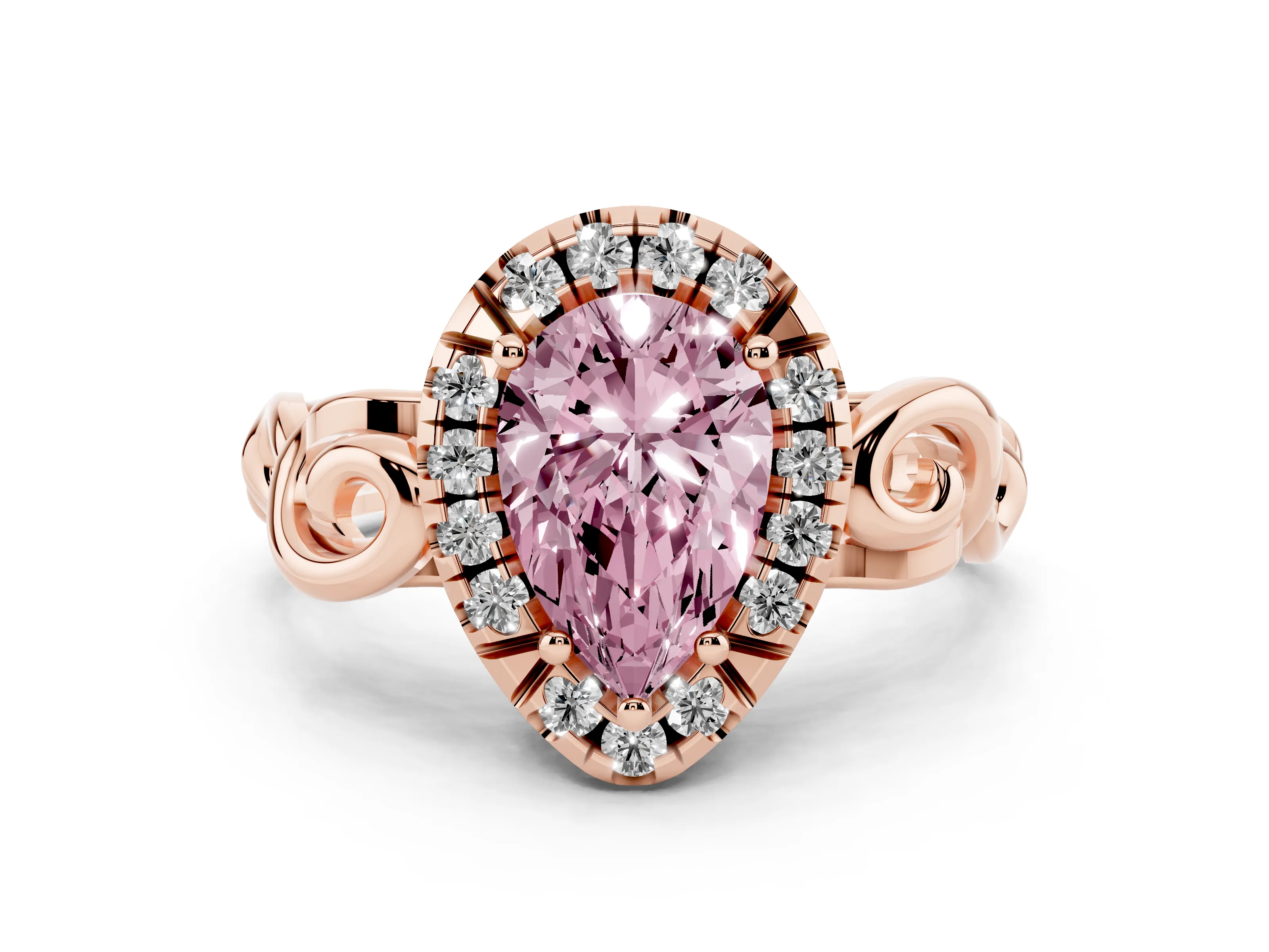 Fancy Pink Pear Cut Diamond Halo Ring Set in Rose gold with Scrollwork Band and Prong Setting