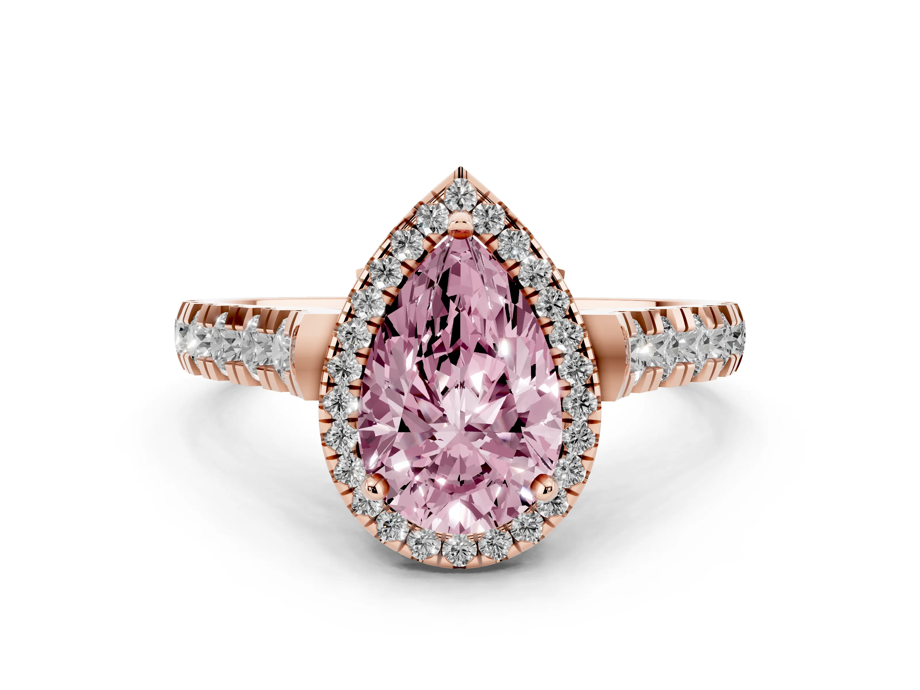 Fancy Pink Pear Cut Diamond Halo Engagement Ring Set in Rose gold with Pavé Band and Prong-Set Center
