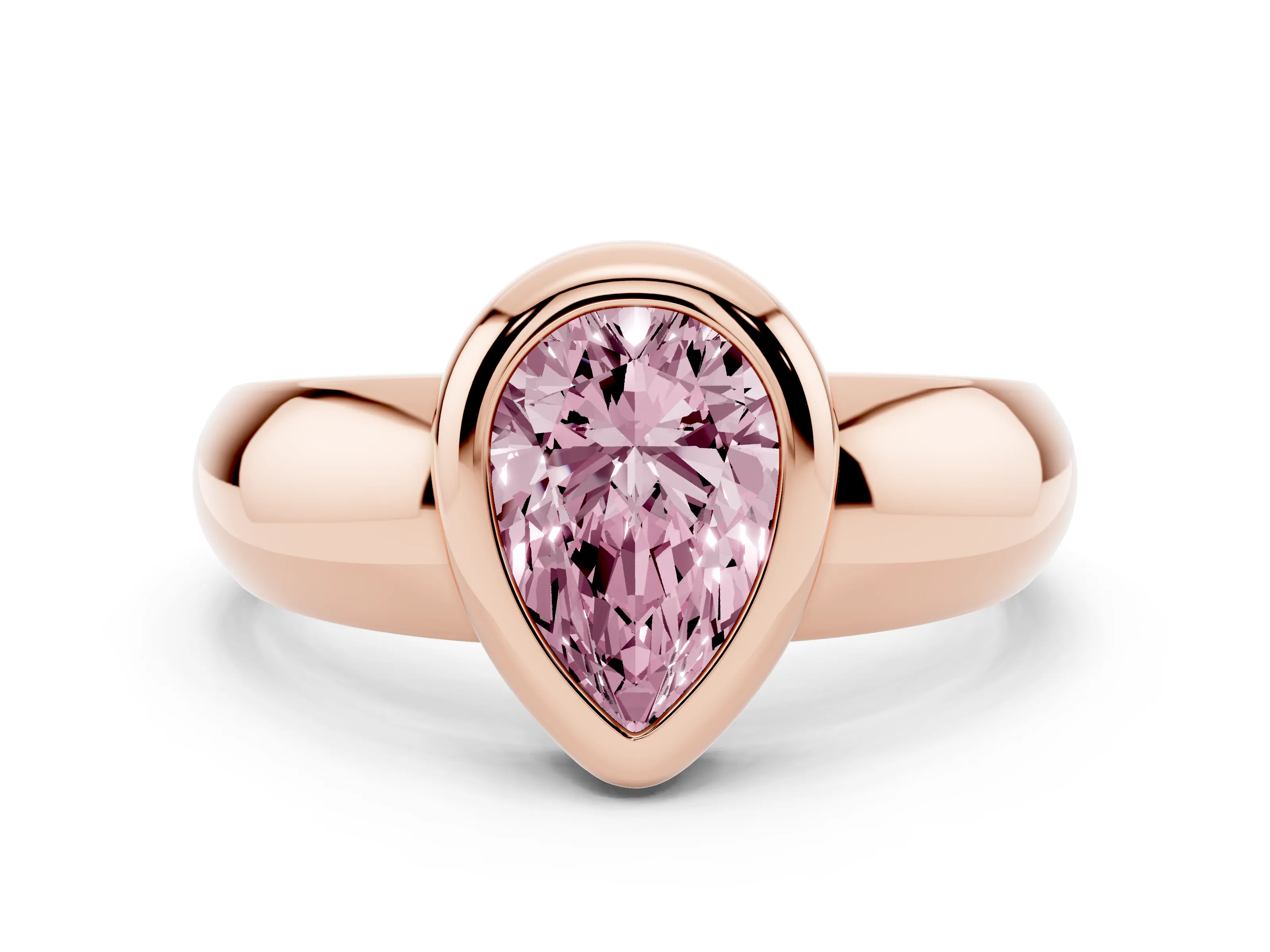 Fancy Pink Bezel Set Pear Cut Diamond Solitaire Ring Set in Rose gold with Wide Band
