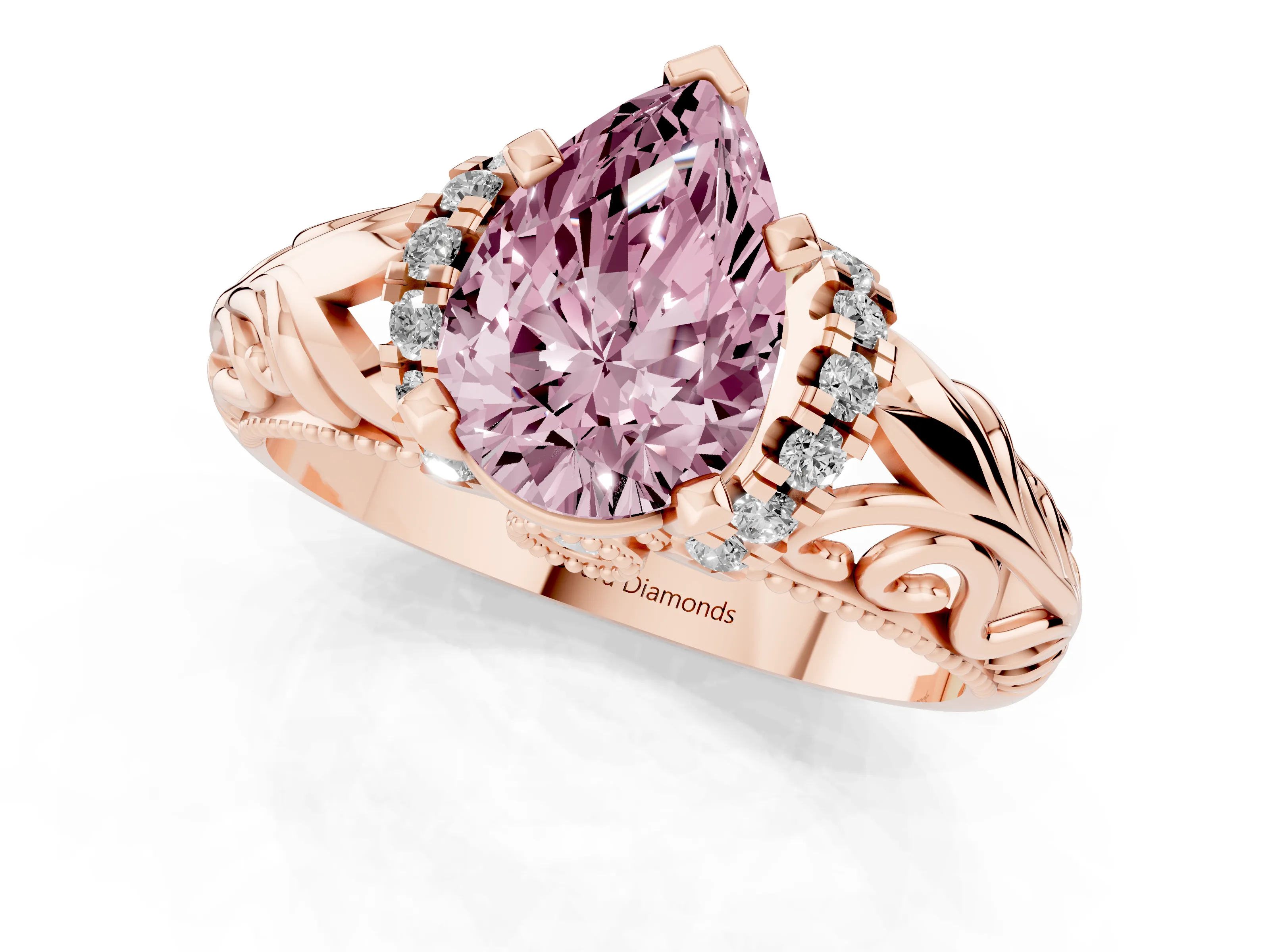 Fancy Pink Pear Cut Diamond Filigree Halo Engagement Ring Set in Rose gold with Prong Setting