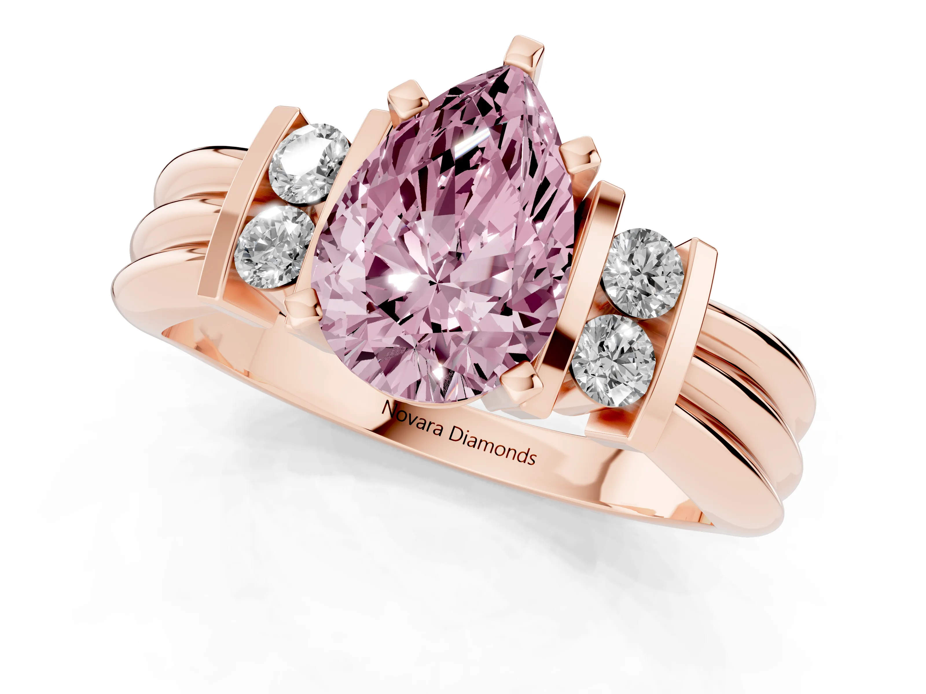 Fancy Pink Three-Stone Pear Cut Diamond Channel Set Ring Set in Rose gold with Bar Prongs