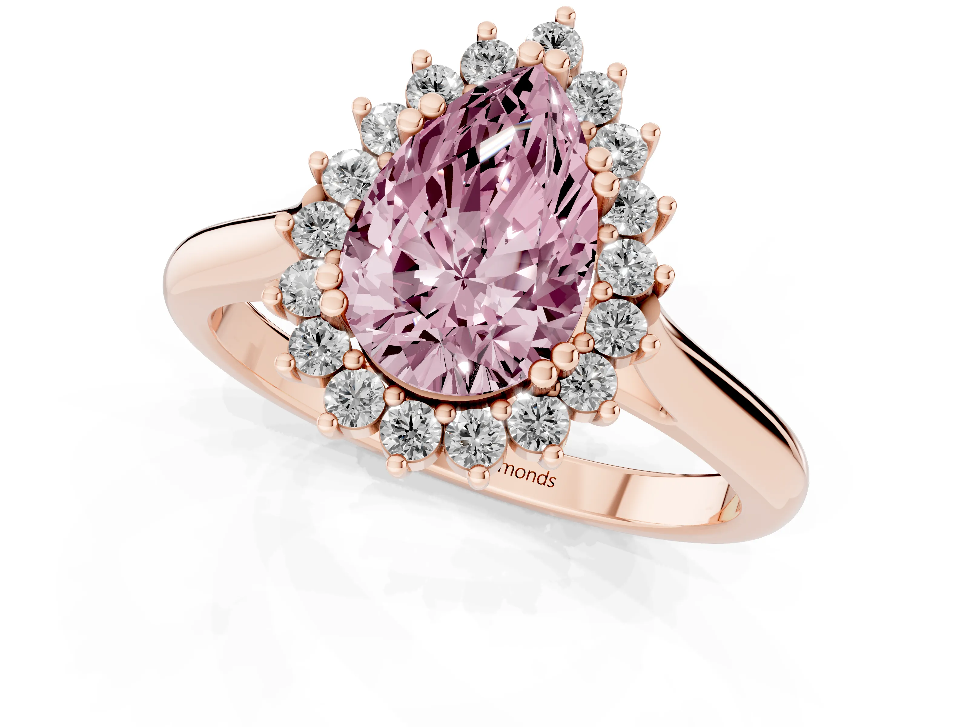 Fancy Pink Pear Cut Diamond Halo Ring Set in Rose gold with Plain Solitaire Band and Prong Setting