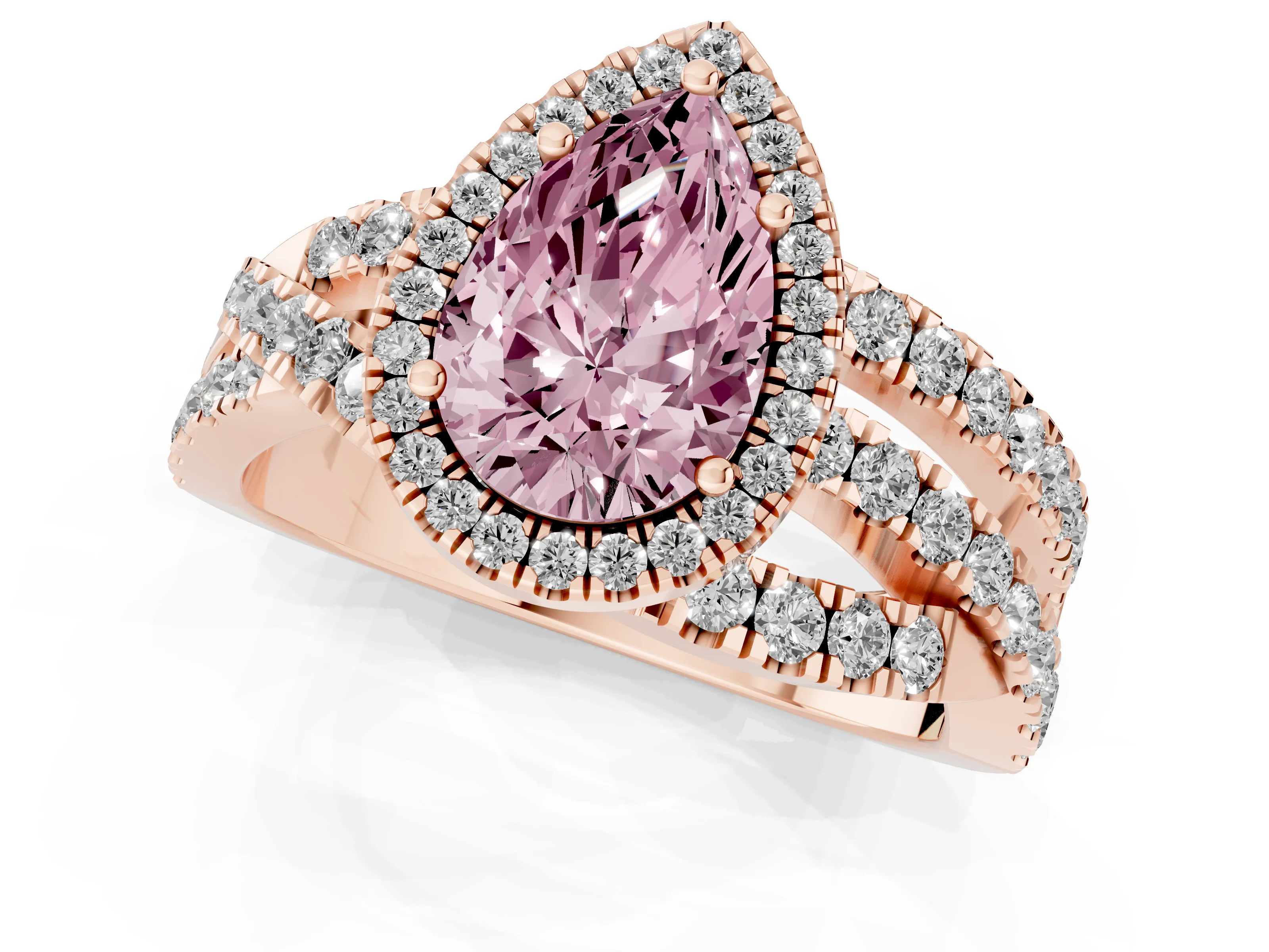 Fancy Pink Pear Cut Diamond Halo Ring Set in Rose gold with Round Crossover Split Shank and Prong Setting
