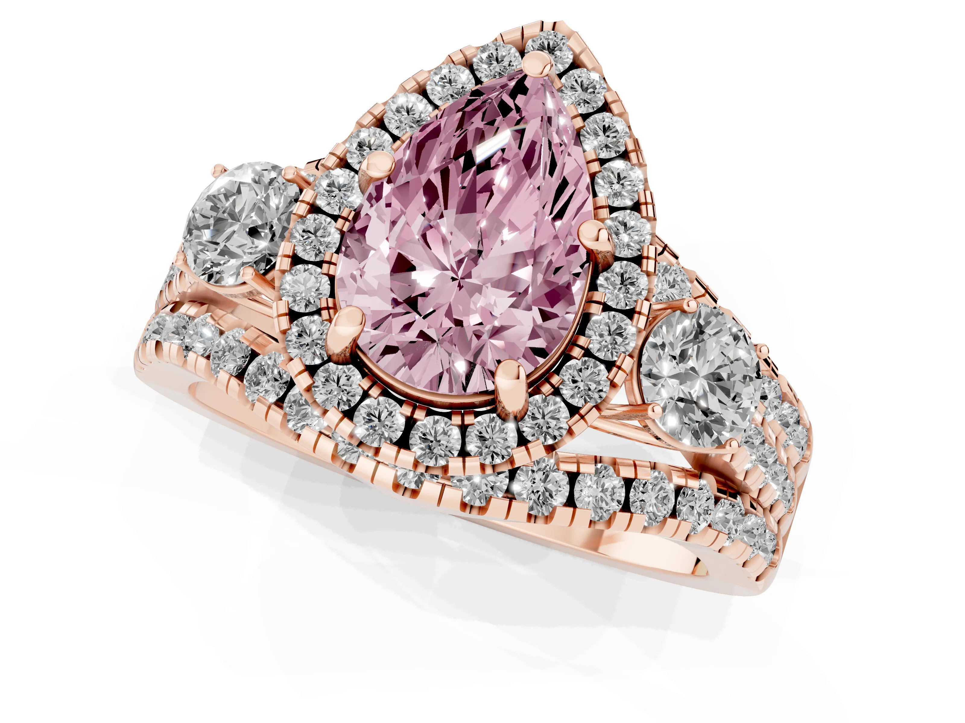 Fancy Pink Pear Cut Diamond Halo Split Shank Ring Set in Rose gold with Round Accent Stones and Prong Setting