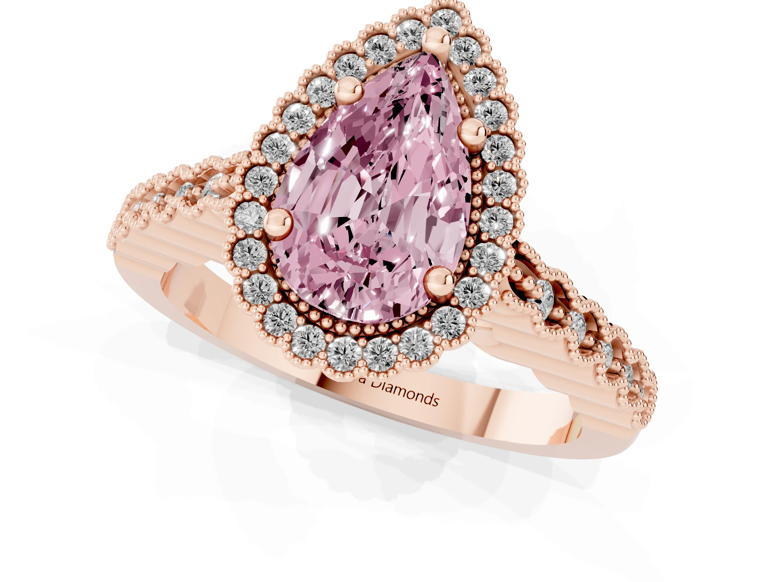 Fancy Pink Pear Cut Diamond Halo Ring Set in Rose gold with Pavé Milgrain Band