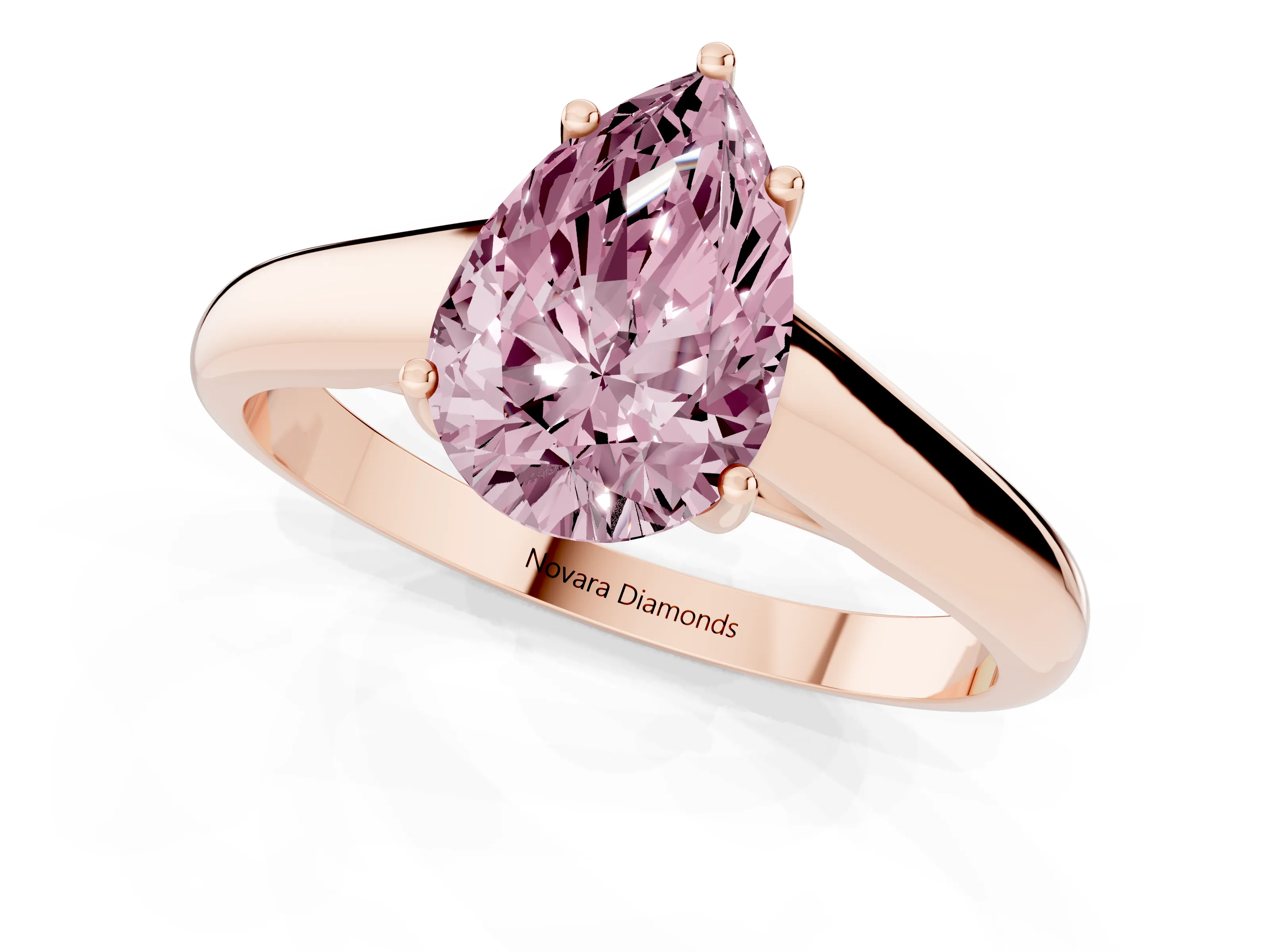 Fancy Pink Pear Cut Diamond Solitaire Engagement Ring Set in Rose gold with Subtly Tapered Band and Prong Setting