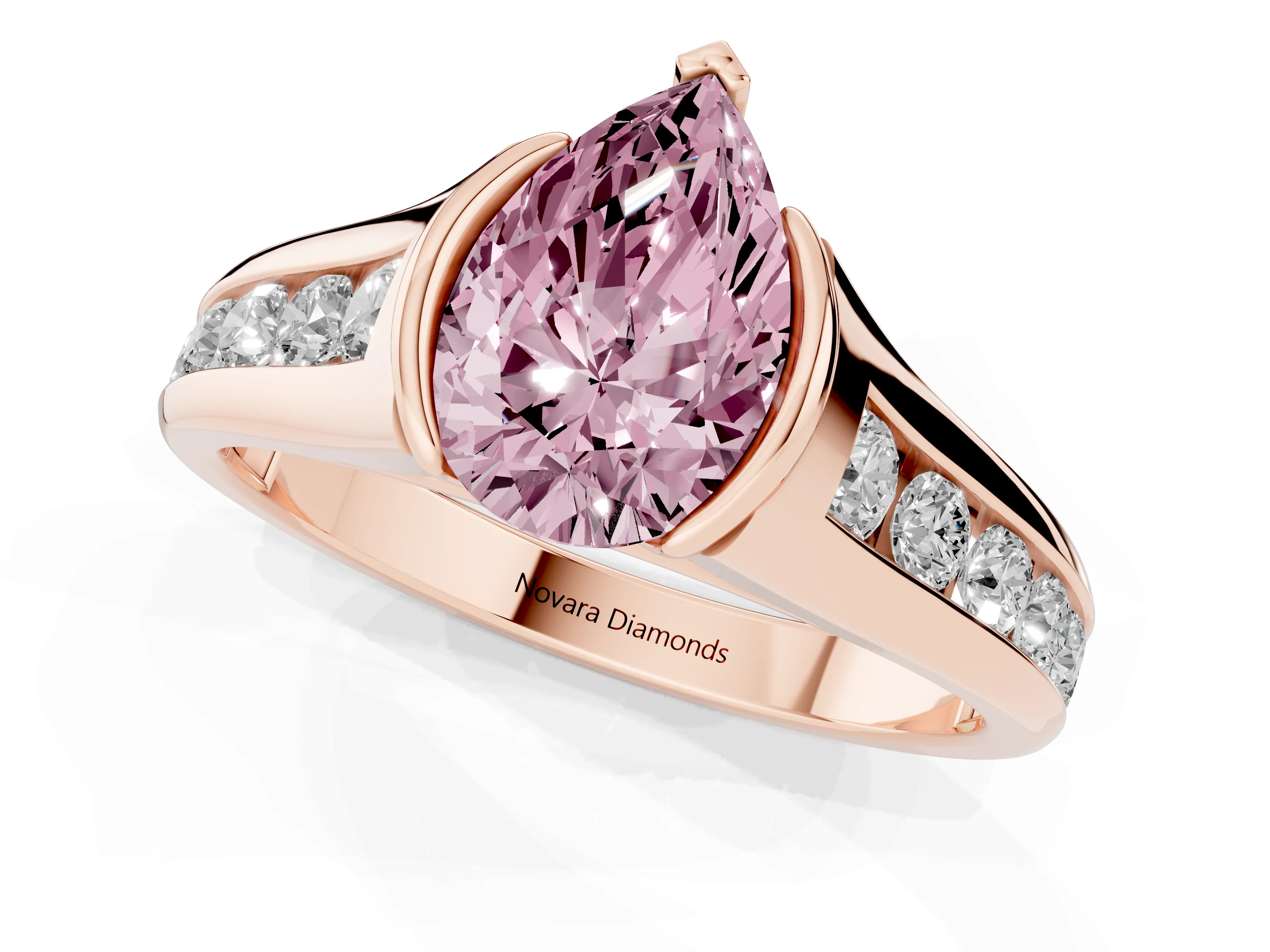 Fancy Pink Pear Cut Diamond Bezel-Set Solitaire Ring Set in Rose gold with Channel-Set Band