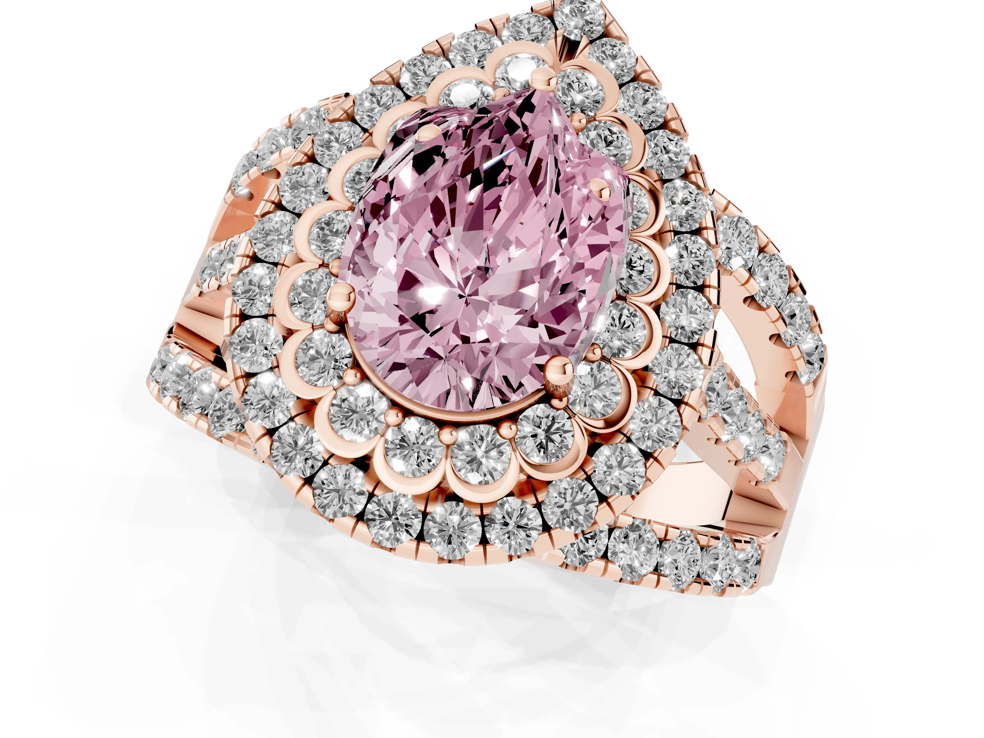 Fancy Pink Pear Cut Diamond Double Halo Ring Set in Rose gold with Round Pavé Split Shank