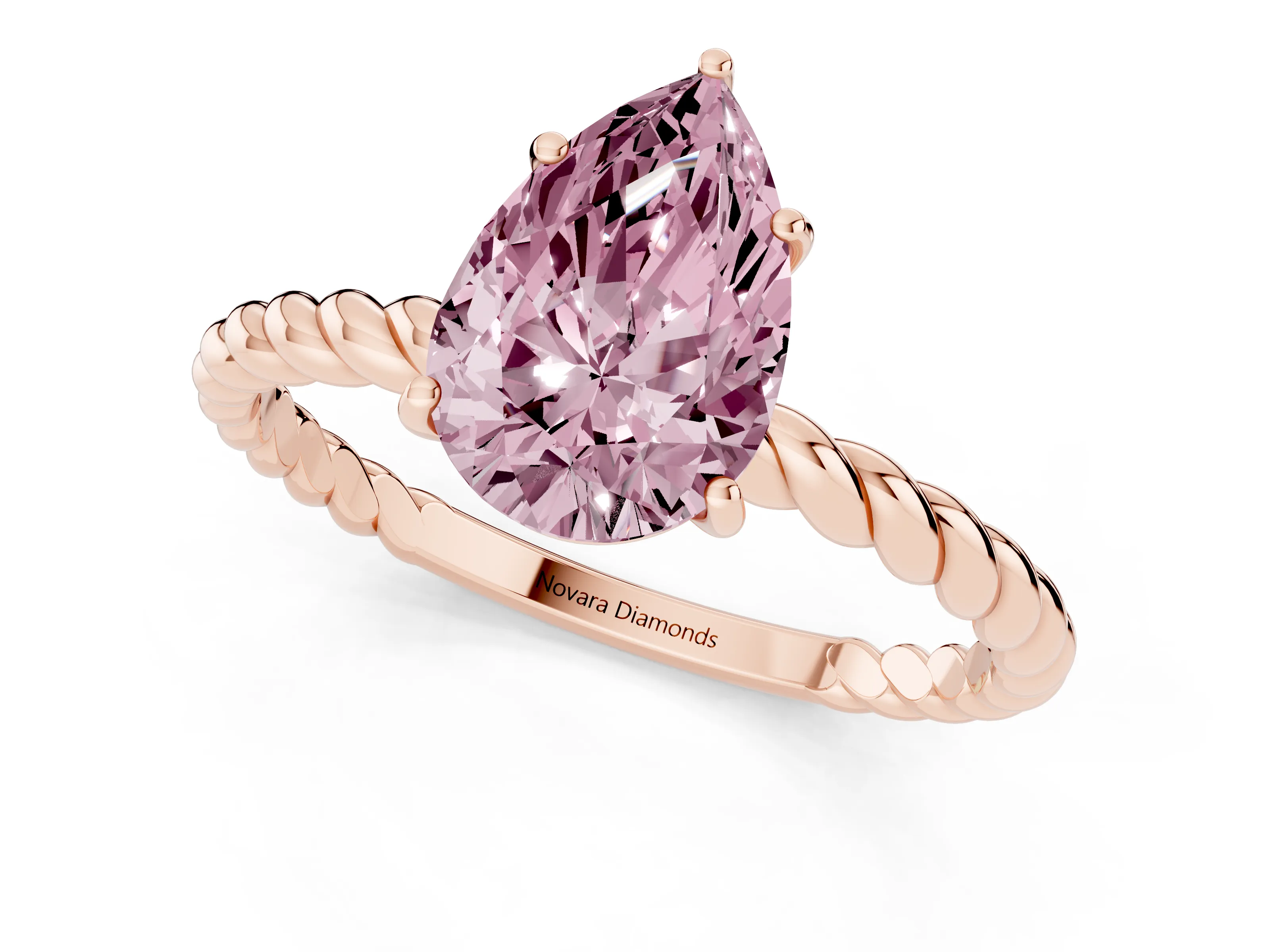 Fancy Pink Pear Cut Diamond Solitaire Ring Set in Rose gold with Twist Band and Prong Setting