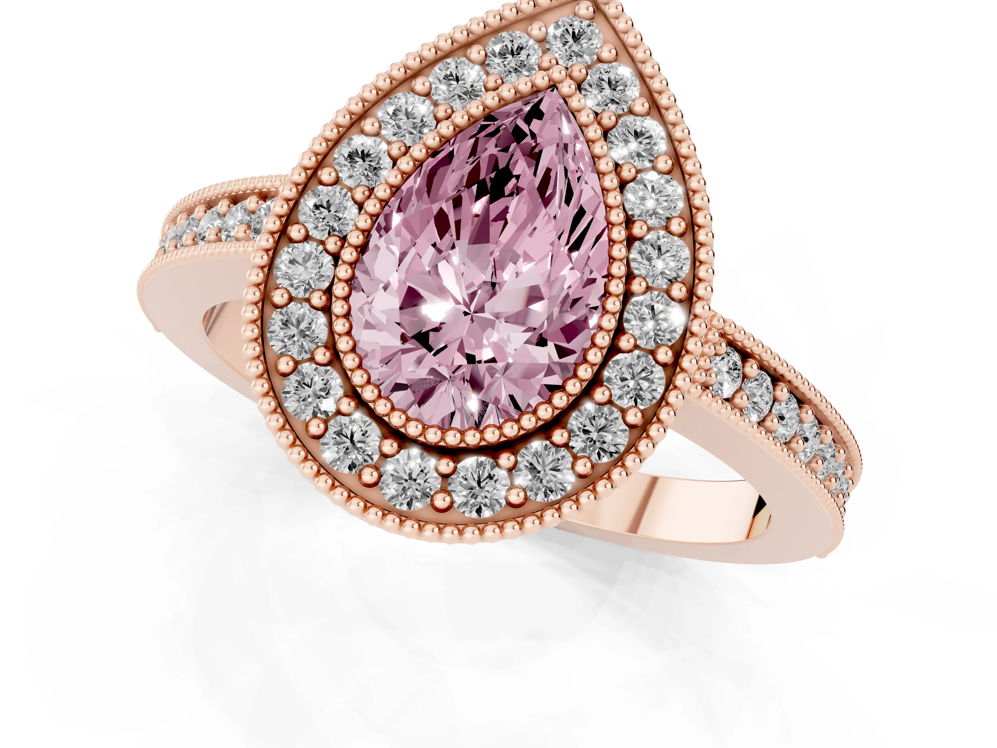 Fancy Pink Pear Cut Diamond Halo Engagement Ring Set in Rose gold with Pavé Band and Round Halo Stones