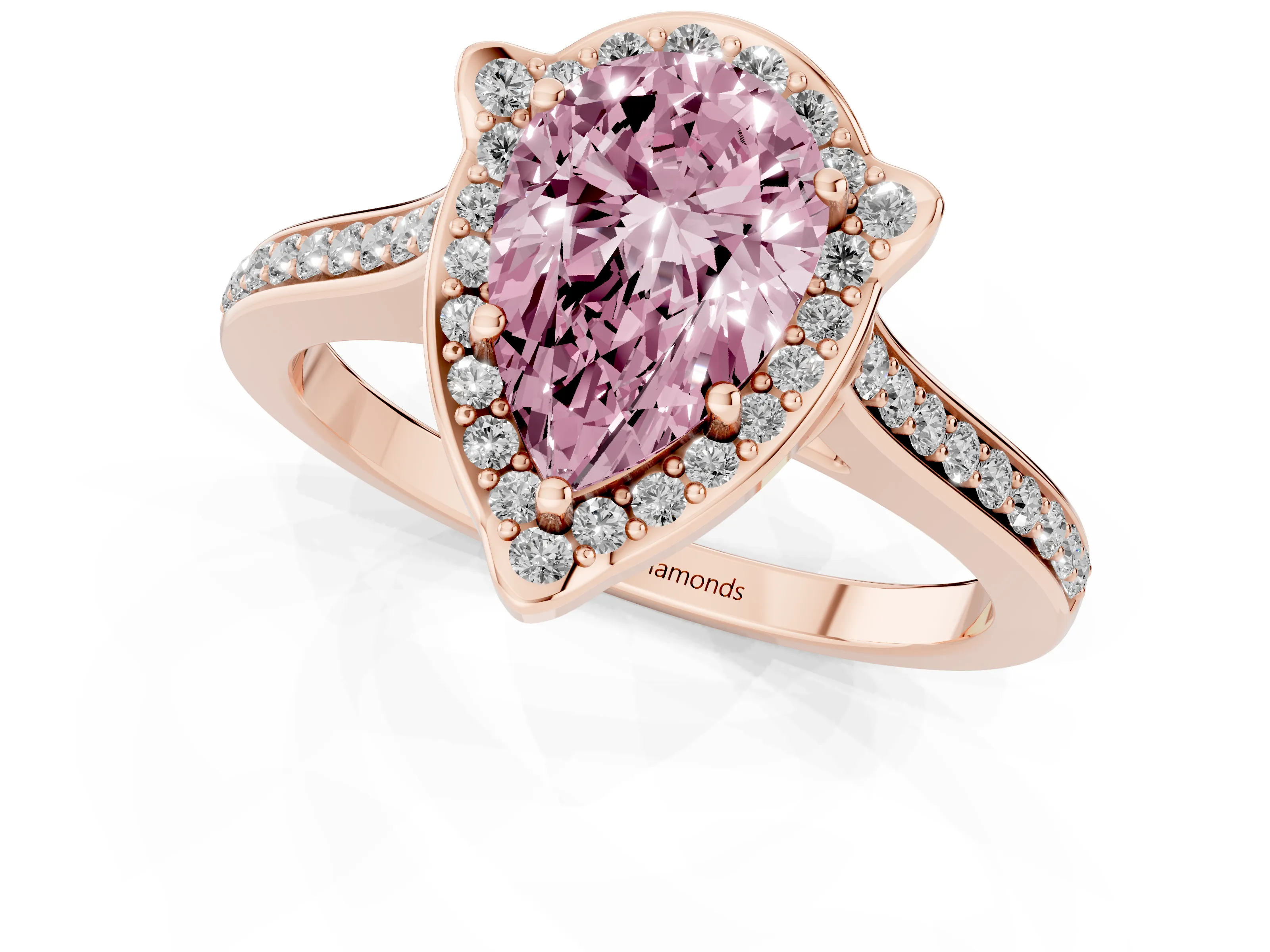 Fancy Pink Pear Cut Diamond Halo Ring Set in Rose gold with Pavé-Lined Shoulders and Prong Setting