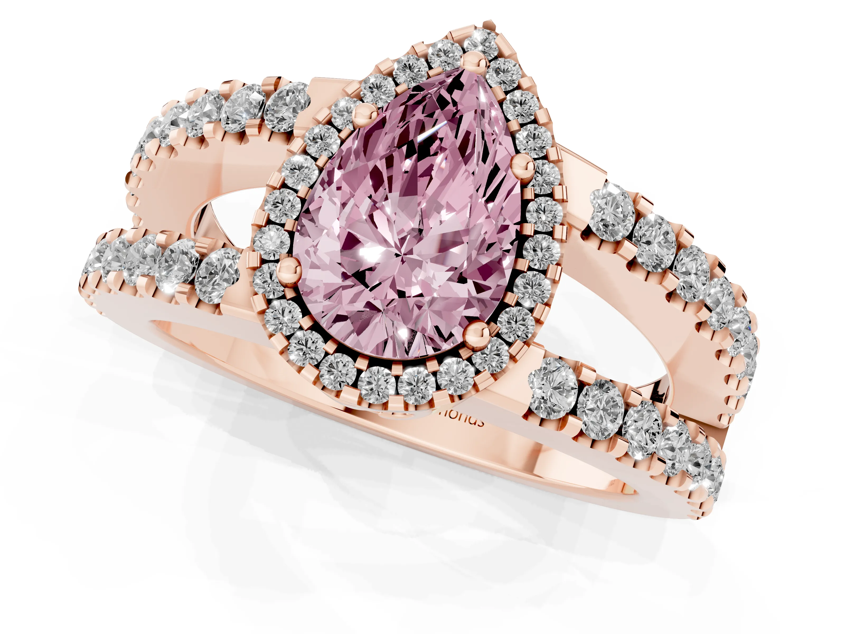 Fancy Pink Pear Cut Diamond Halo Ring Set in Rose gold with Pavé Split Shank and Prong Setting