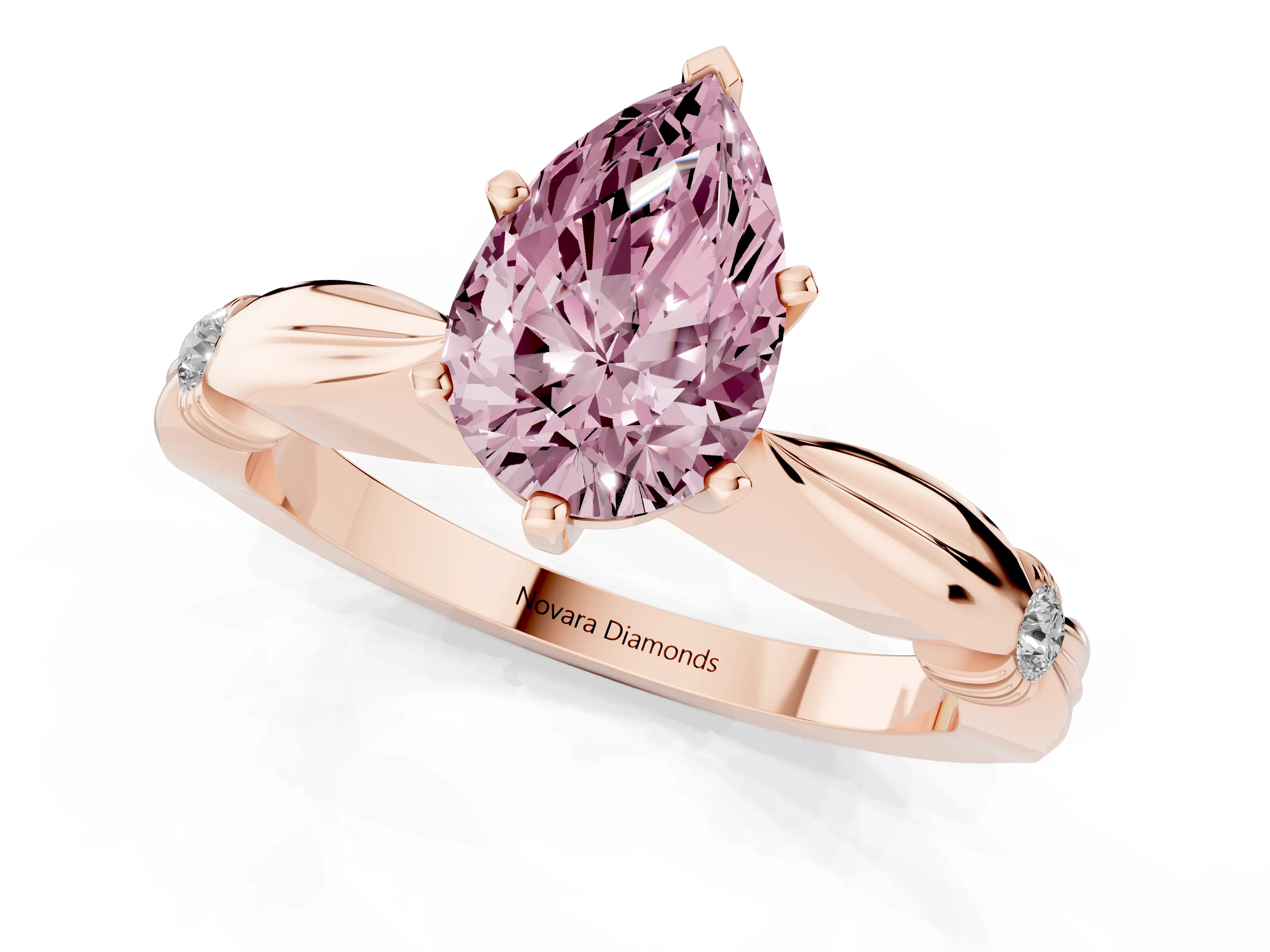 Fancy Pink Pear Cut Diamond Solitaire Twisted Band Ring Set in Rose gold with Accent Stones and Prong Setting